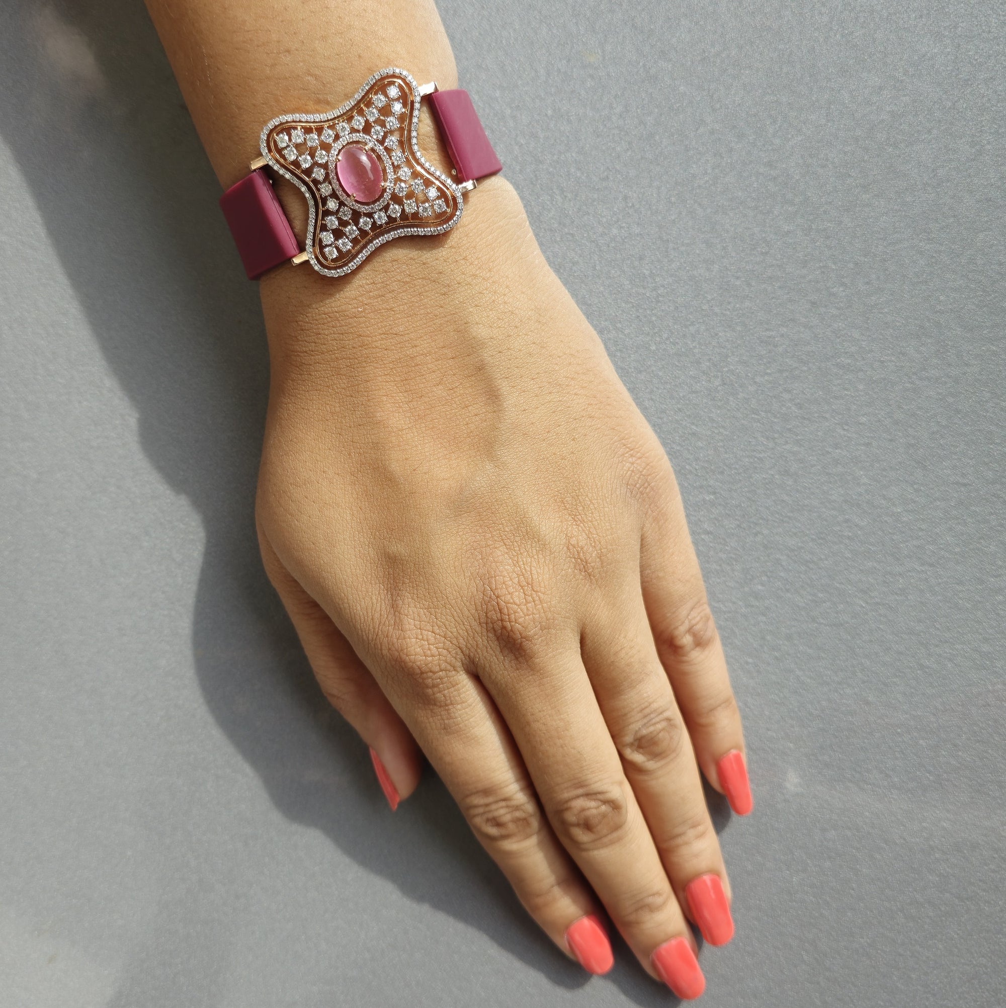 Curved Square Face Design In 925 Sterling Silver Bracelet, Pink Cabochon Jade And White Moissanites Watch Bracelet, Unique Woman Bracelet