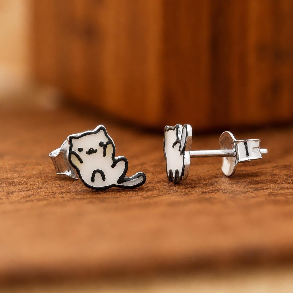 AMONROO® 925 Silver Jewellery for Women - 925 Sterling Silver White Cat Enamel Stud Earrings, Kitty Jewellery, 8 x 8.5 mm | 925 Stamp, Warranty & Authenticity Certificate