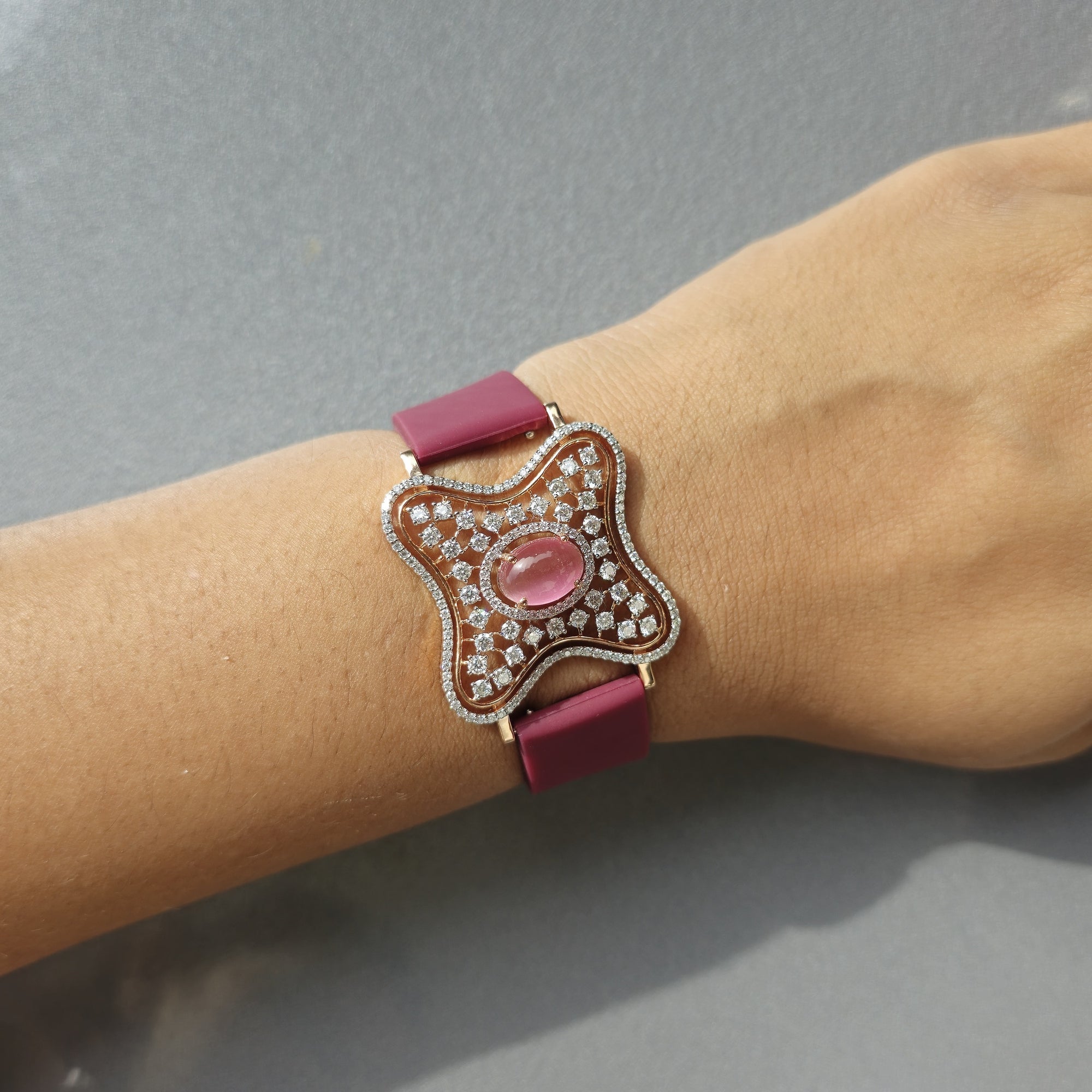 Curved Square Face Design In 925 Sterling Silver Bracelet, Pink Cabochon Jade And White Moissanites Watch Bracelet, Unique Woman Bracelet