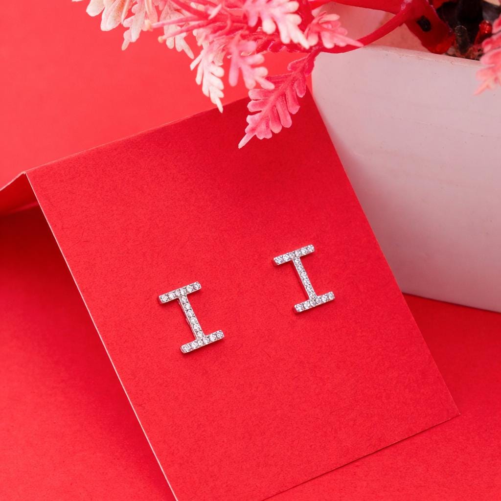 925 Sterling Silver I Initial Stud Earrings, Diamond Look Letter I Studs, Personalized Name Jewelry, Minimalist Gift for Her