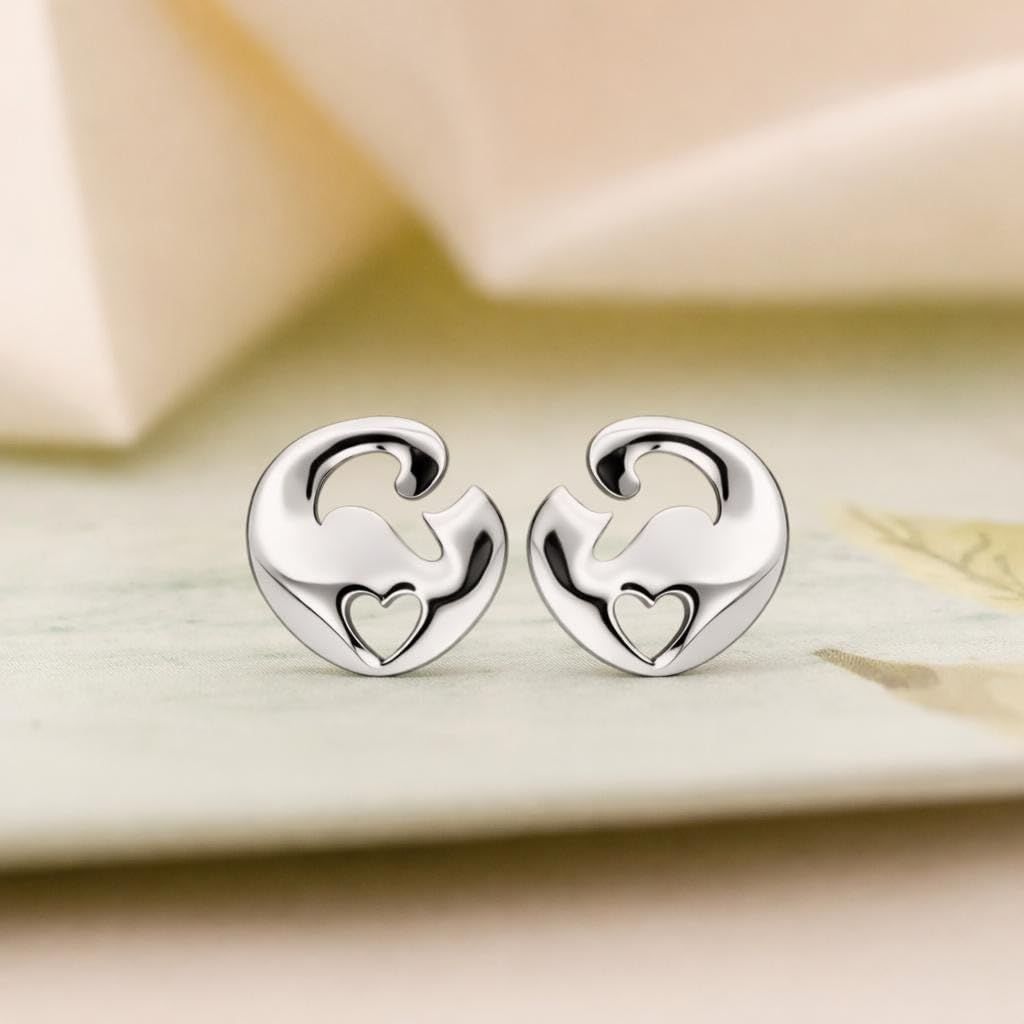 AMONROO® 925 Silver Jewellery for Women - 925 Sterling Silver Cat Stud Earrings, Kitty Heart Earrings, Animal Jewellery Gift | 925 Stamp, Warranty & Authenticity Certificate