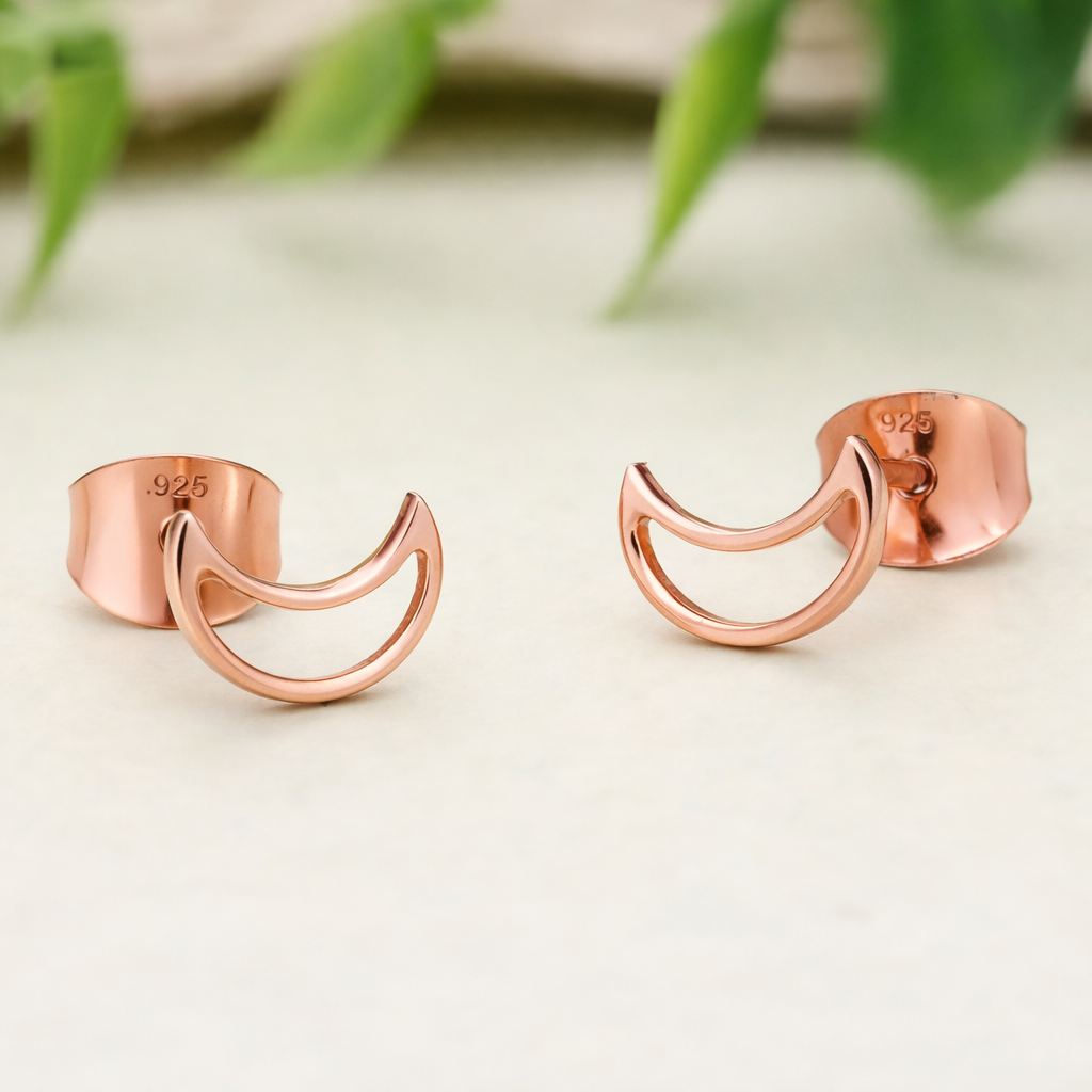 925 Sterling Silver Crescent Moon Stud Earrings Rose Gold Jewelry