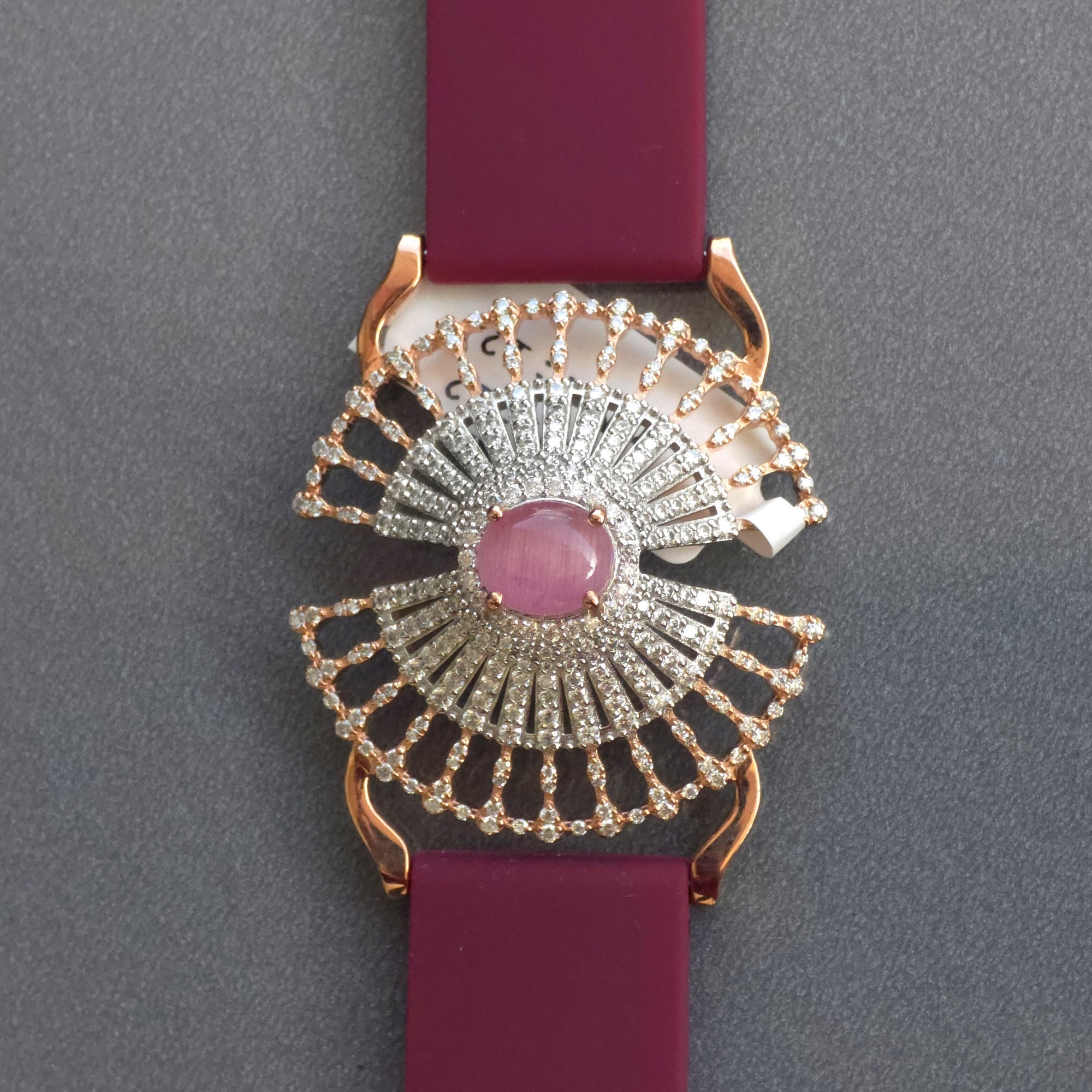 Unique Umbrella Design In 925 Sterling Silver Bracelet, Pink Cabochon Jade And White Moissanites Watch Bracelet, Unique Woman Bracelet