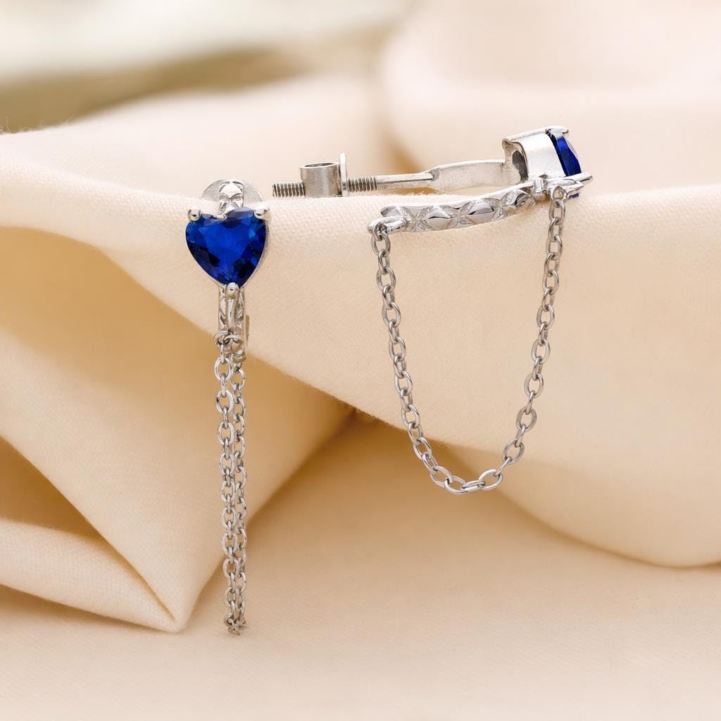 AMONROO® 925 Silver Jewellery for Women - 925 Sterling Silver Blue Heart Chain Hoop Earrings, CZ Heart Huggie Earrings, 27 x 5 mm | 925 Stamp, Warranty & Authenticity Certificate