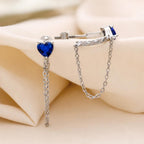 AMONROO® 925 Silver Jewellery for Women - 925 Sterling Silver Blue Heart Chain Hoop Earrings, CZ Heart Huggie Earrings, 27 x 5 mm | 925 Stamp, Warranty & Authenticity Certificate
