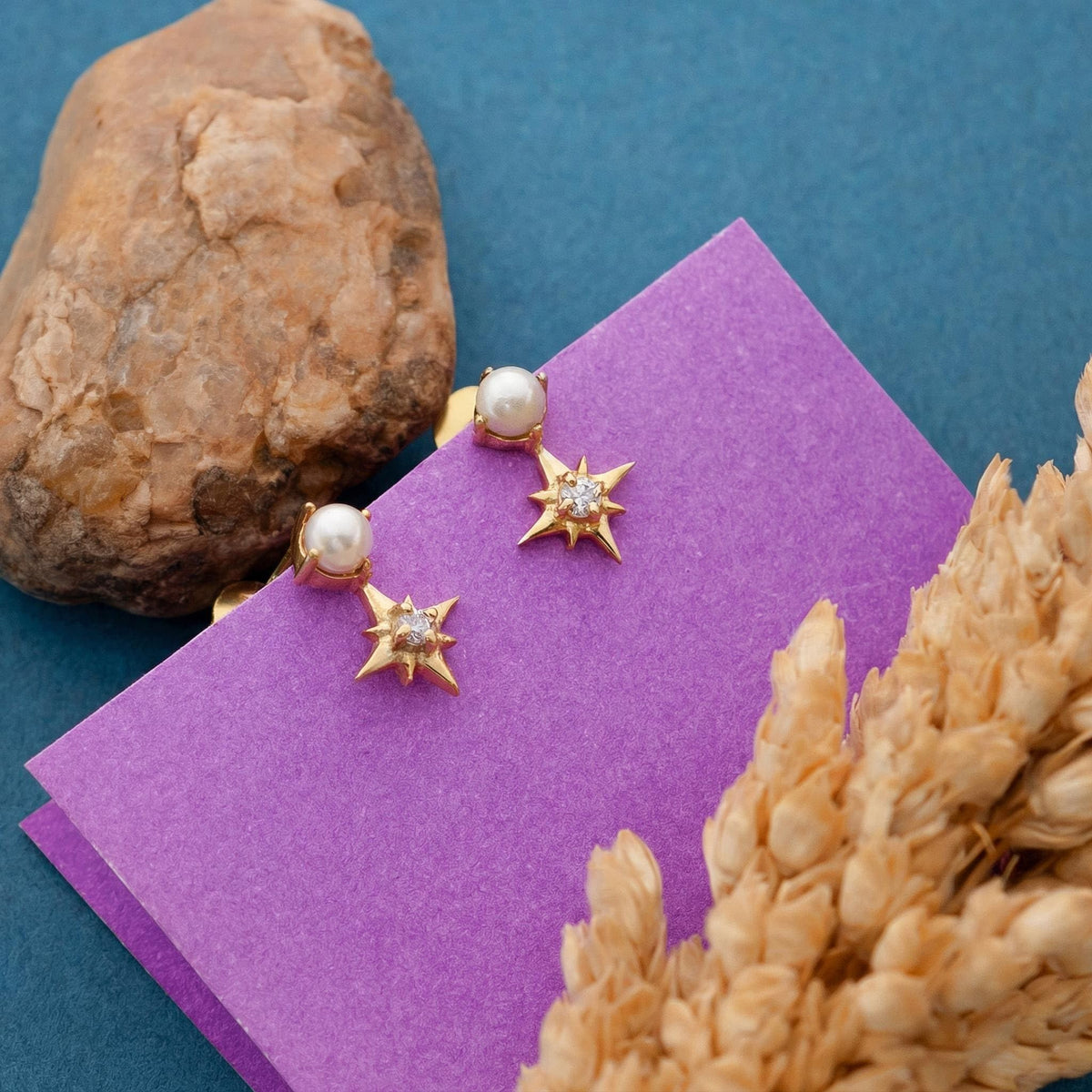 AMONROO® 925 Silver Jewellery for Women - 925 Sterling Silver Pearl Star Drop Earrings, Gold Finish CZ Dangle Earrings | 925 Stamp, Warranty & Authenticity Certificate
