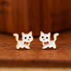 AMONROO® 925 Silver Jewellery for Women - 925 Sterling Silver White Cat Enamel Stud Earrings, Kitty Jewellery, Gift for Women | 925 Stamp, Warranty & Authenticity Certificate