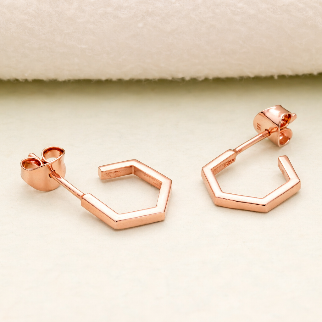 925 Sterling Silver Hexagon Hoop Earrings Rose Gold Geometric