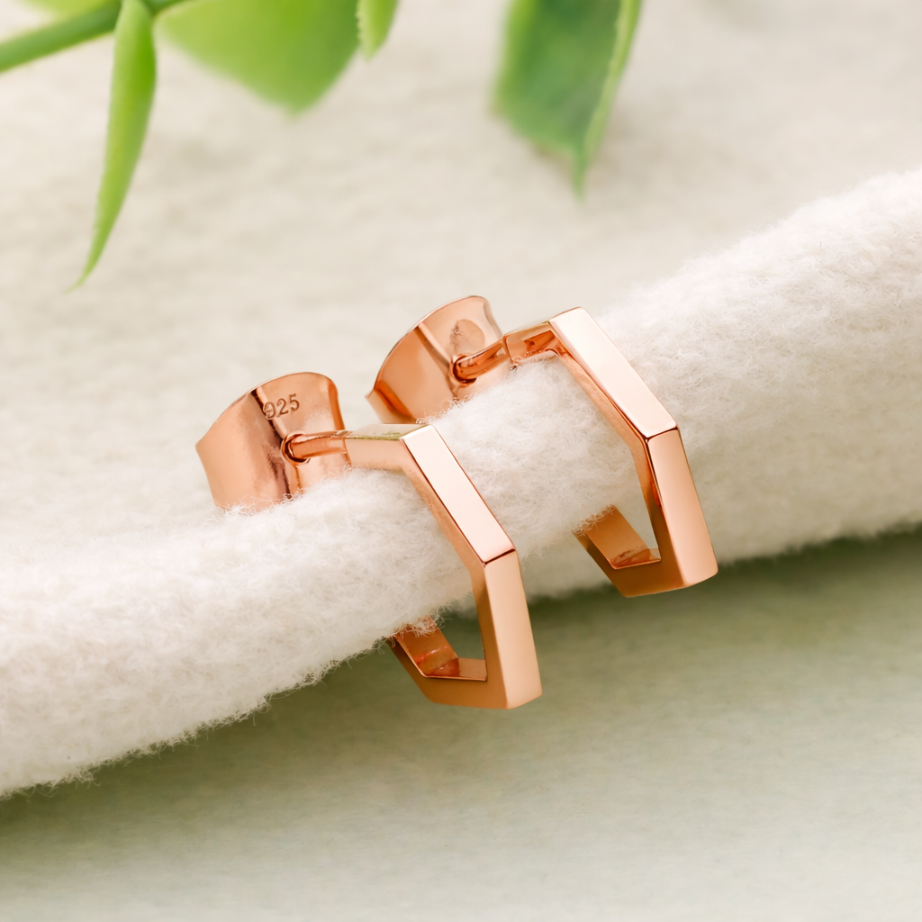 925 Sterling Silver Hexagon Hoop Earrings Rose Gold Geometric