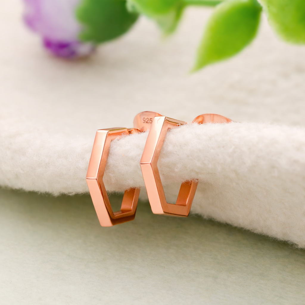 925 Sterling Silver Hexagon Hoop Earrings Rose Gold Geometric