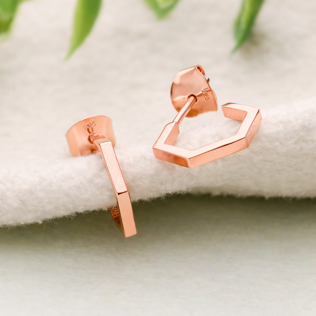 925 Sterling Silver Hexagon Hoop Earrings Rose Gold Geometric