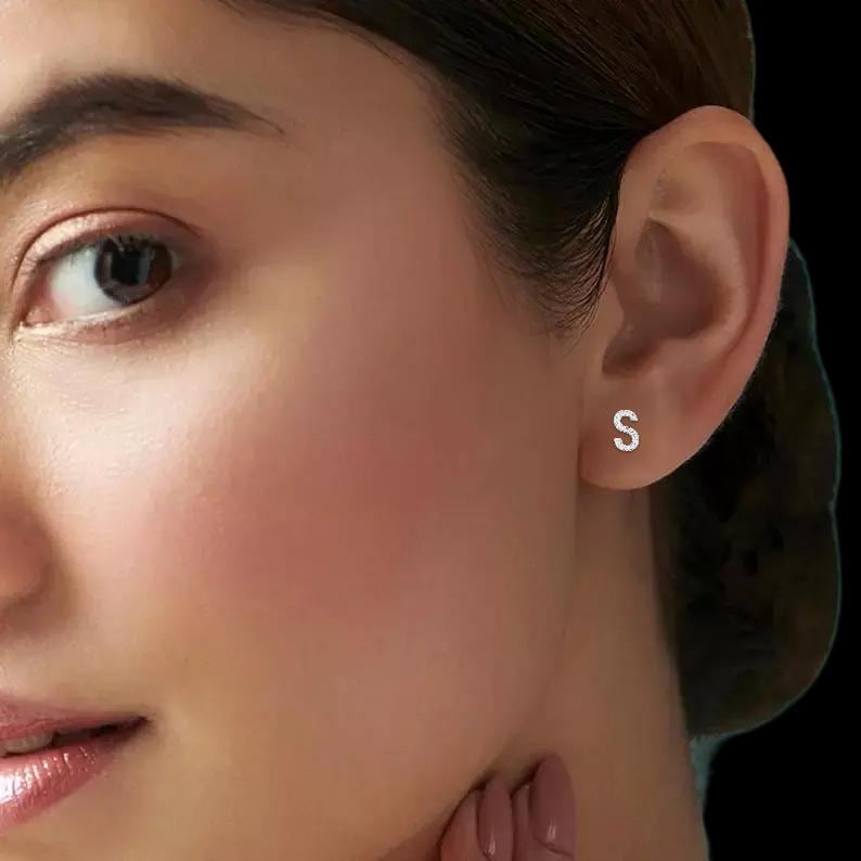 Sterling Silver Letter S Stud Earrings, Initial Alphabet Jewelry