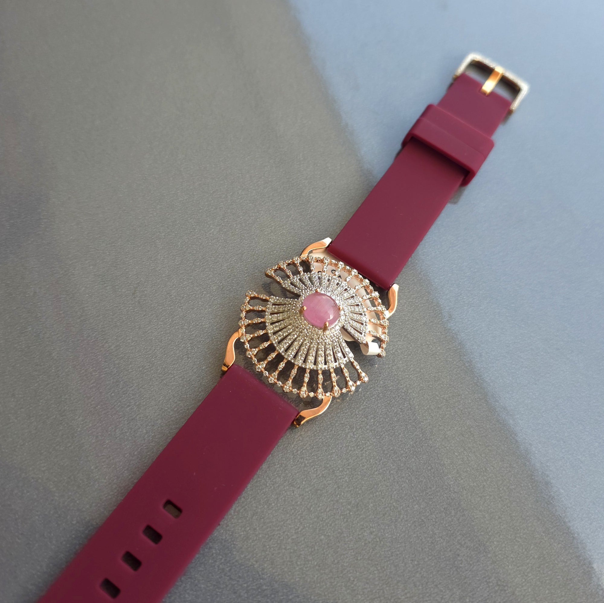 Unique Umbrella Design In 925 Sterling Silver Bracelet, Pink Cabochon Jade And White Moissanites Watch Bracelet, Unique Woman Bracelet