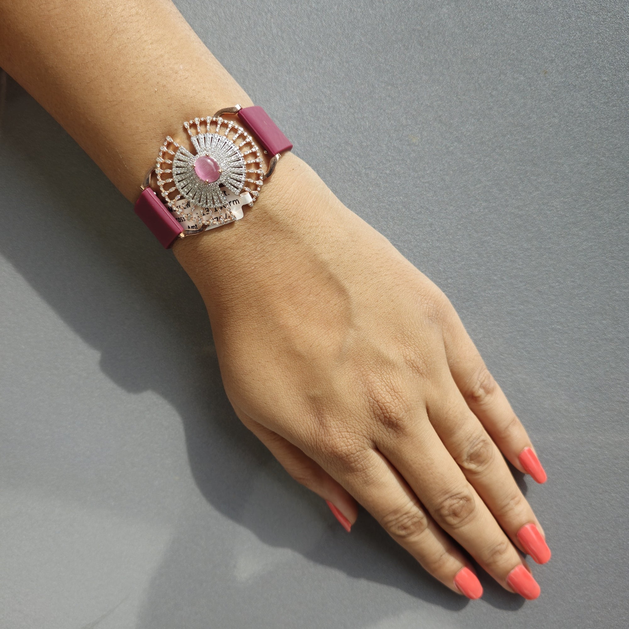 Unique Umbrella Design In 925 Sterling Silver Bracelet, Pink Cabochon Jade And White Moissanites Watch Bracelet, Unique Woman Bracelet