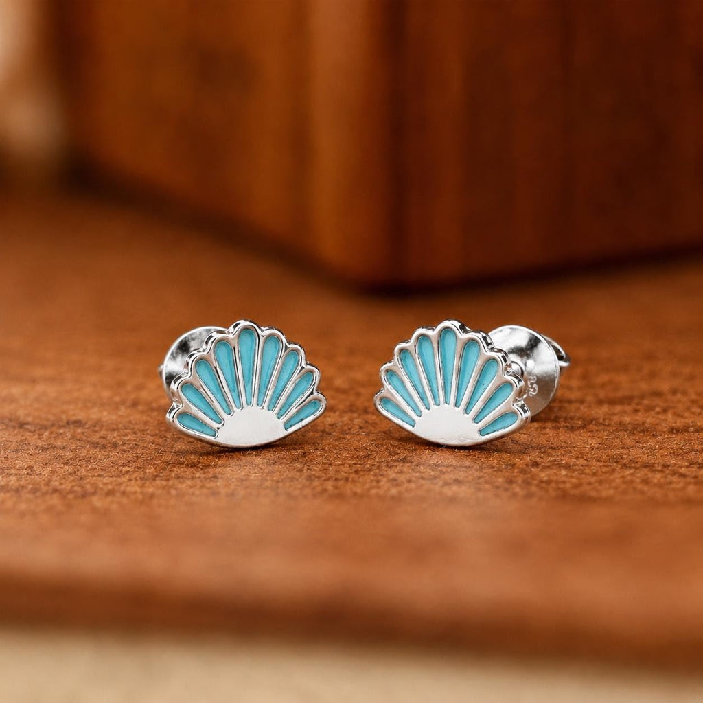 AMONROO® 925 Silver Jewellery for Women - 925 Sterling Silver Blue Seashell Enamel Stud Earrings, Beach Design Jewellery, Gift for Women | 925 Stamp, Warranty & Authenticity Certificate