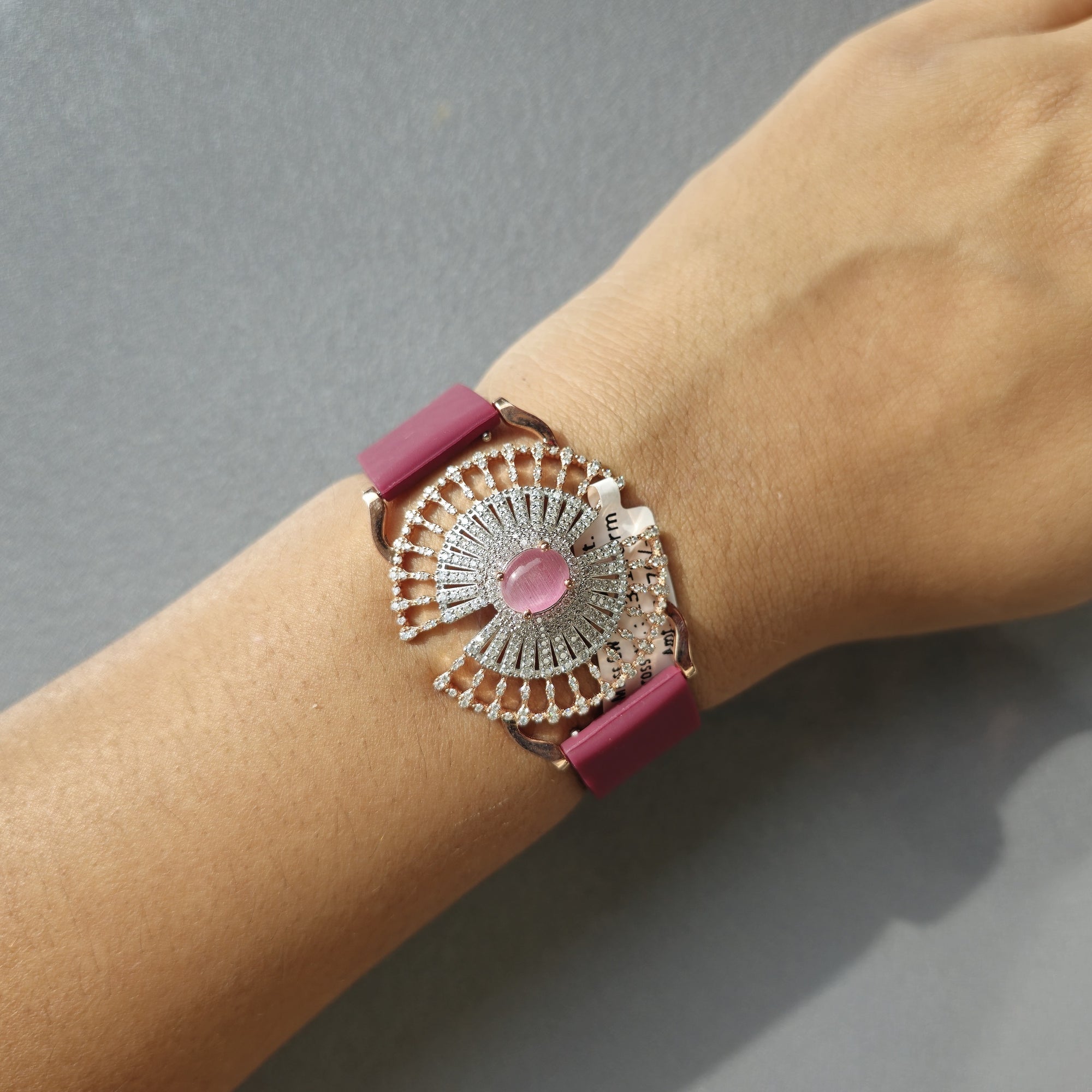 Unique Umbrella Design In 925 Sterling Silver Bracelet, Pink Cabochon Jade And White Moissanites Watch Bracelet, Unique Woman Bracelet
