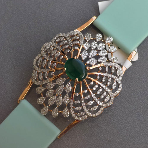 Pretty Floral & Petal Design In 925 Sterling Silver Bracelet, Green Emerald And White Moissanites Watch Bracelet, Unique Woman Bracelet
