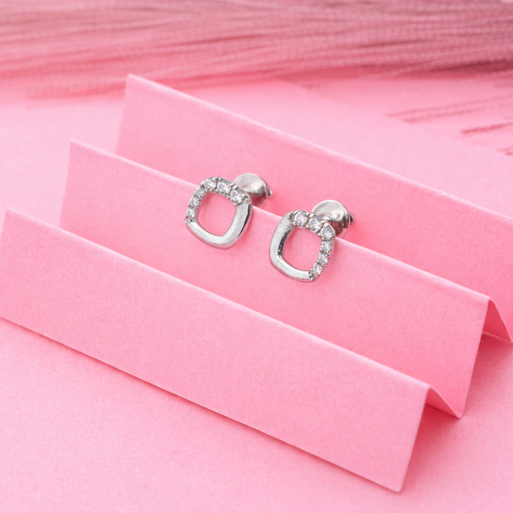 925 Sterling Silver Square CZ Stud Earrings Minimalist Dainty Style