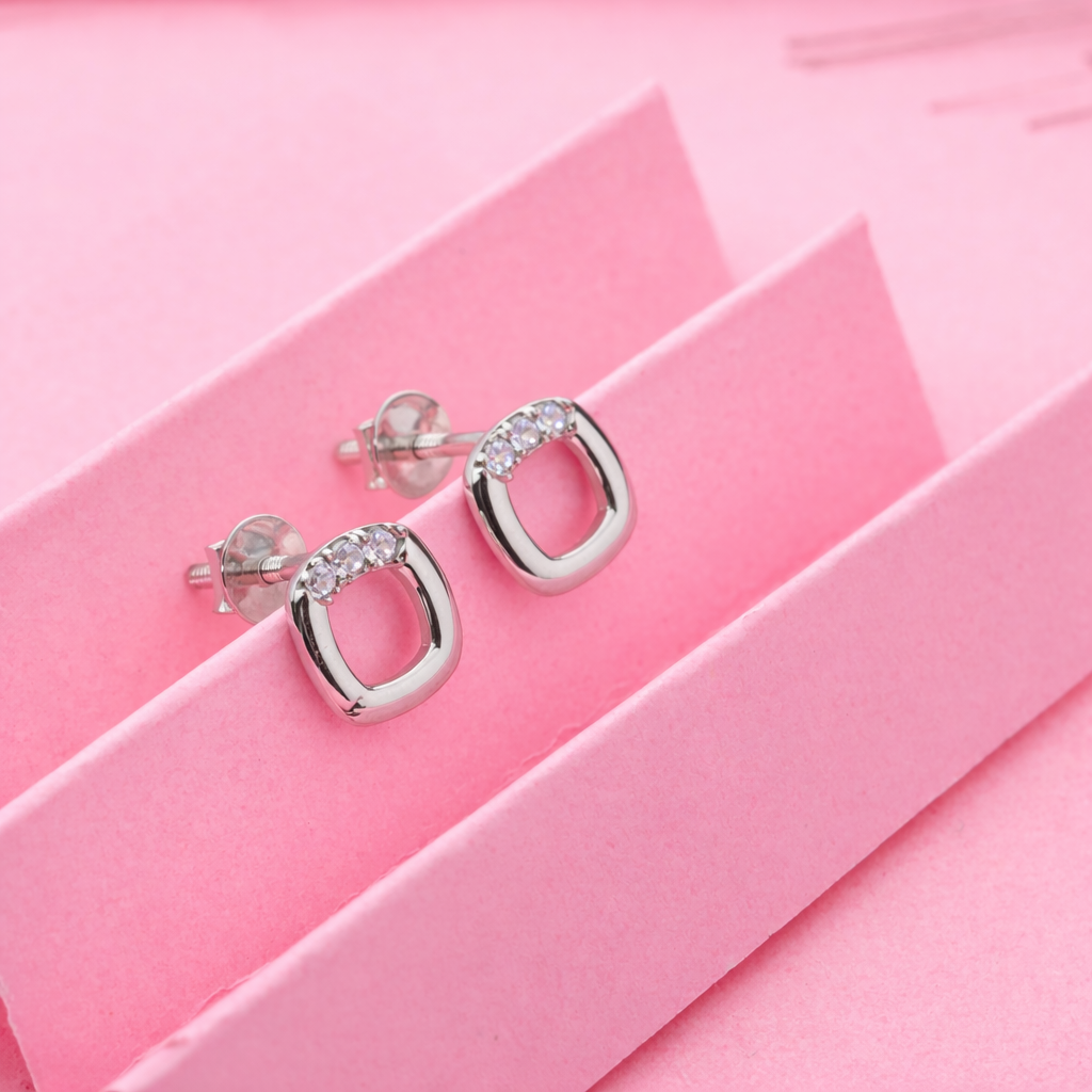 925 Sterling Silver Square CZ Stud Earrings Minimalist Dainty Style