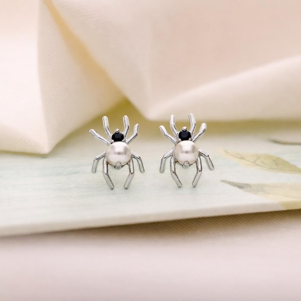 AMONROO® 925 Silver Jewellery for Women - 925 Sterling Silver Spider Pearl CZ Stud Earrings, Halloween Earrings, Gothic Jewellery Gift | 925 Stamp, Warranty & Authenticity Certificate