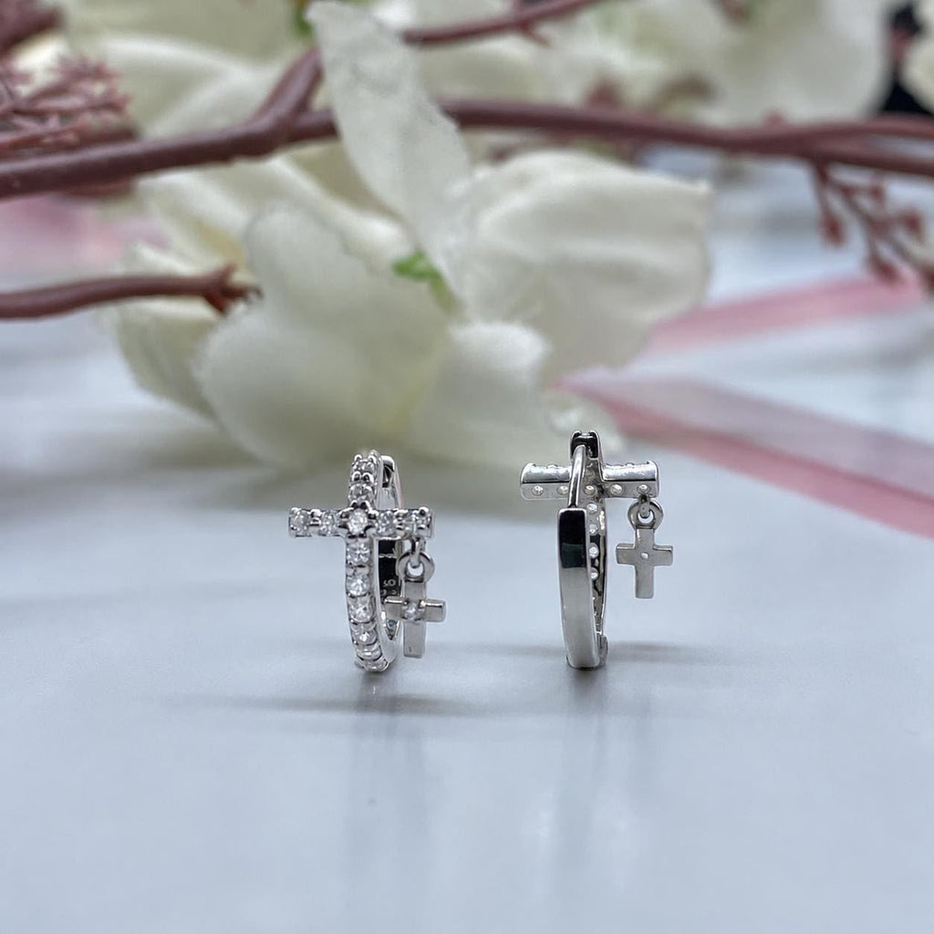 AMONROO® 925 Silver Jewellery for Women - 925 Sterling Silver Cross CZ Huggie Hoop Earrings, Dangle Cross Earrings, 11 x 8 mm | 925 Stamp, Warranty & Authenticity Certificate