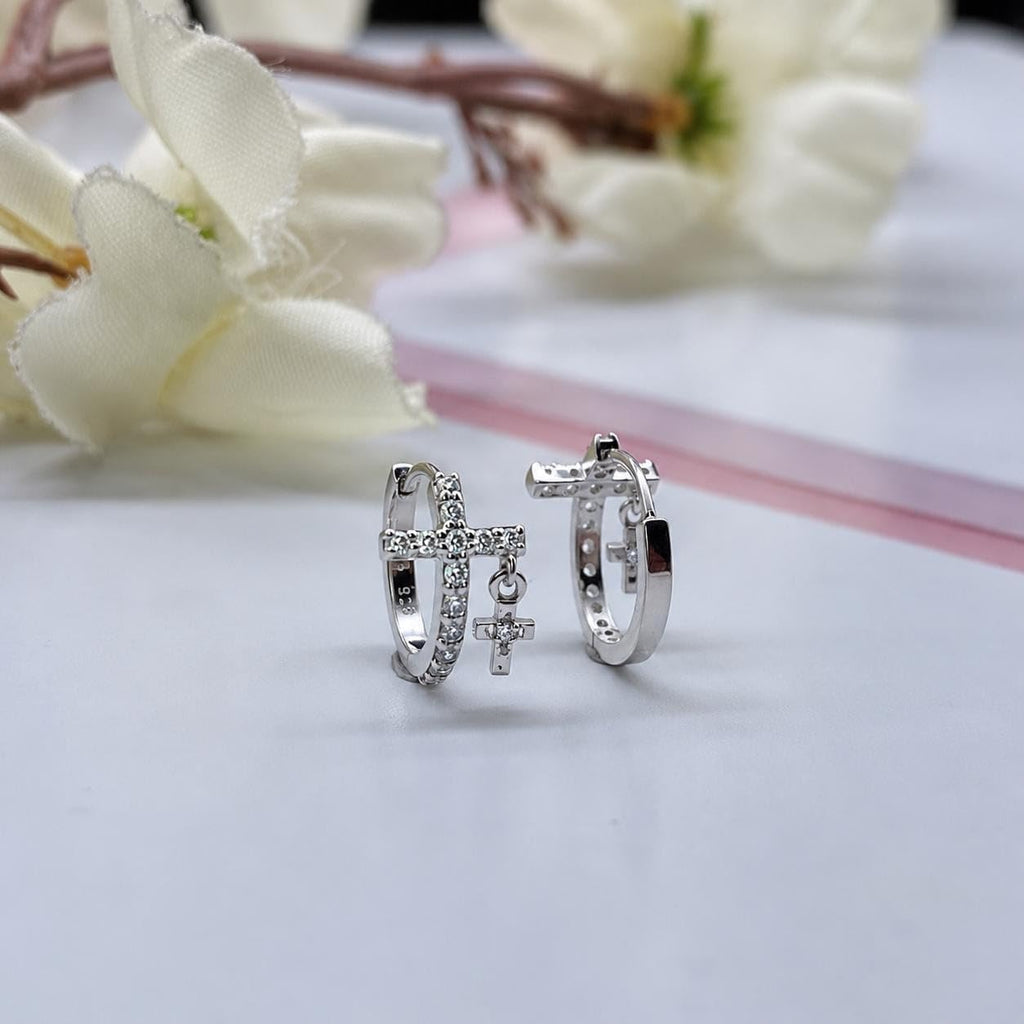 AMONROO® 925 Silver Jewellery for Women - 925 Sterling Silver Cross CZ Huggie Hoop Earrings, Dangle Cross Earrings, 11 x 8 mm | 925 Stamp, Warranty & Authenticity Certificate