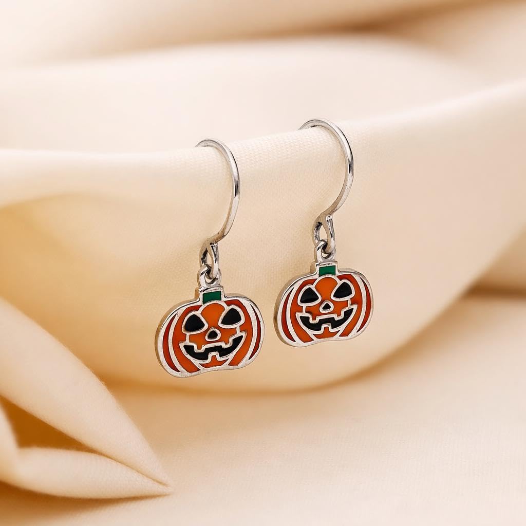 AMONROO® 925 Silver Jewellery for Women - 925 Sterling Silver Enamel Pumpkin Dangle Earrings, Halloween Earrings, Festive Jewellery Gift | 925 Stamp, Warranty & Authenticity Certificate
