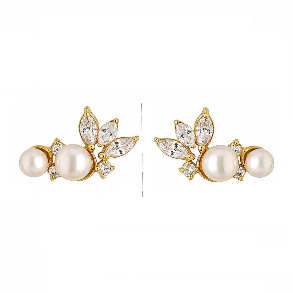 AMONROO® 925 Silver Jewellery for Women - Gold Finish 925 Sterling Silver Pearl Flower Stud Earrings, White CZ Leaf Bridal Earrings | 925 Stamp, Warranty & Authenticity Certificate