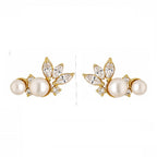 AMONROO® 925 Silver Jewellery for Women - Gold Finish 925 Sterling Silver Pearl Flower Stud Earrings, White CZ Leaf Bridal Earrings | 925 Stamp, Warranty & Authenticity Certificate