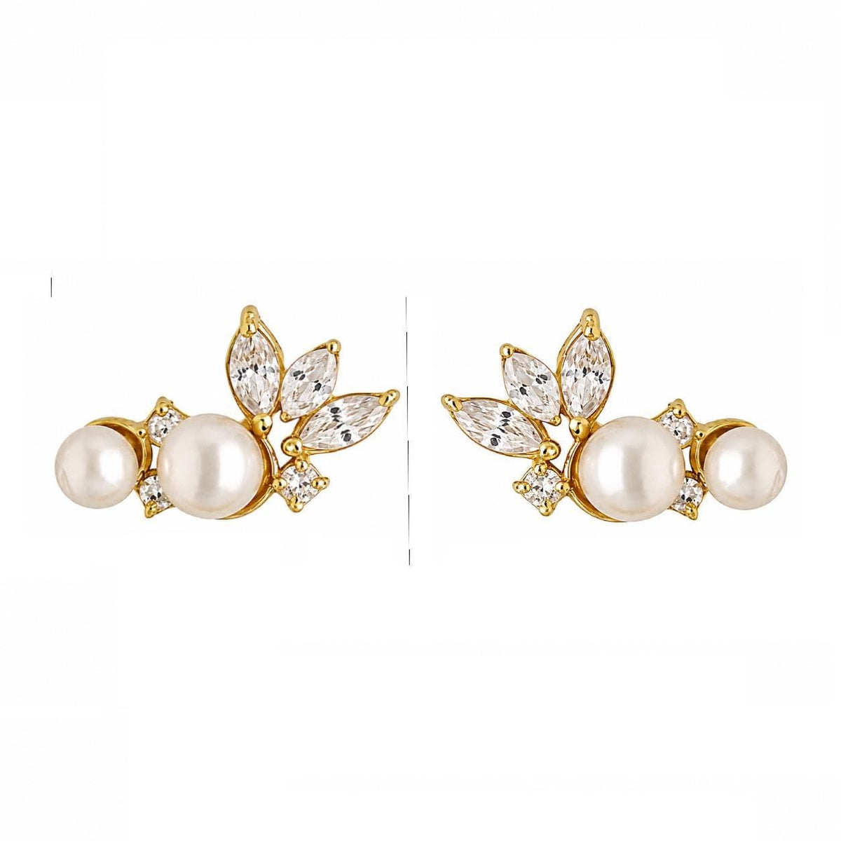 AMONROO® 925 Silver Jewellery for Women - Gold Finish 925 Sterling Silver Pearl Flower Stud Earrings, White CZ Leaf Bridal Earrings | 925 Stamp, Warranty & Authenticity Certificate