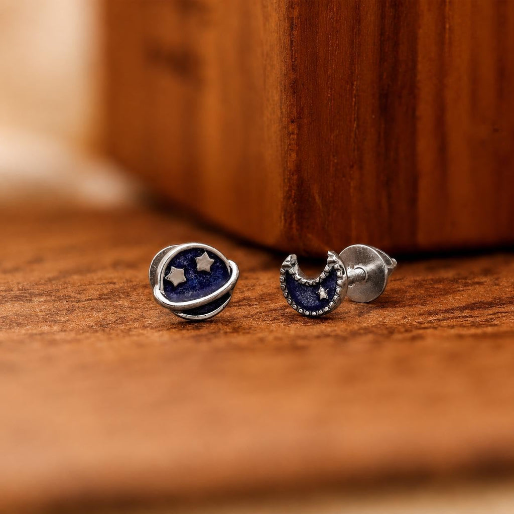 AMONROO® 925 Silver Jewellery for Women - 925 Sterling Silver Moon Planet Blue Enamel Stud Earrings, Celestial Jewellery Gift | 925 Stamp, Warranty & Authenticity Certificate