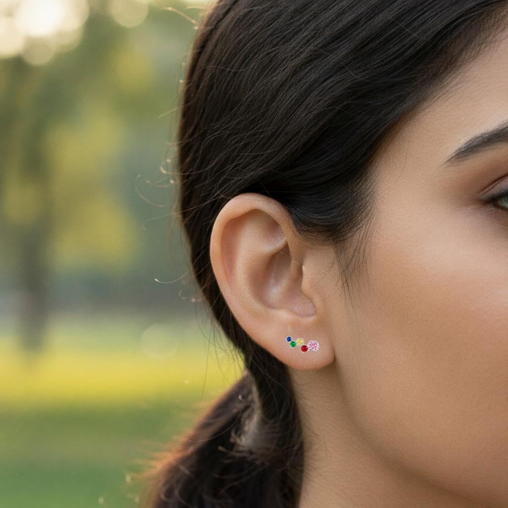 AMONROO® 925 Silver Jewellery for Women - 925 Sterling Silver Rainbow Ear Climber Earrings, Colourful CZ Ear Crawler Jewellery | 925 Stamp, Warranty & Authenticity Certificate