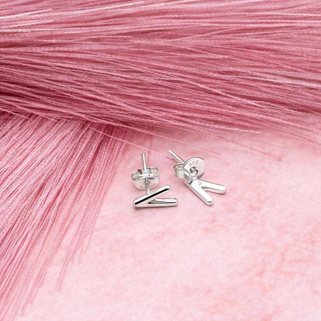 Sterling Silver V Initial Stud Earrings, Minimalist Monogram Jewelry