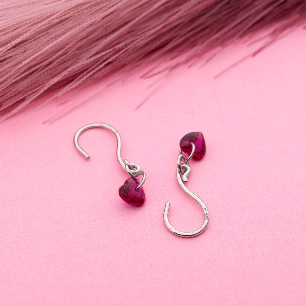 925 Sterling Silver Red Heart Gemstone Dangle Earrings Romantic Jewelry
