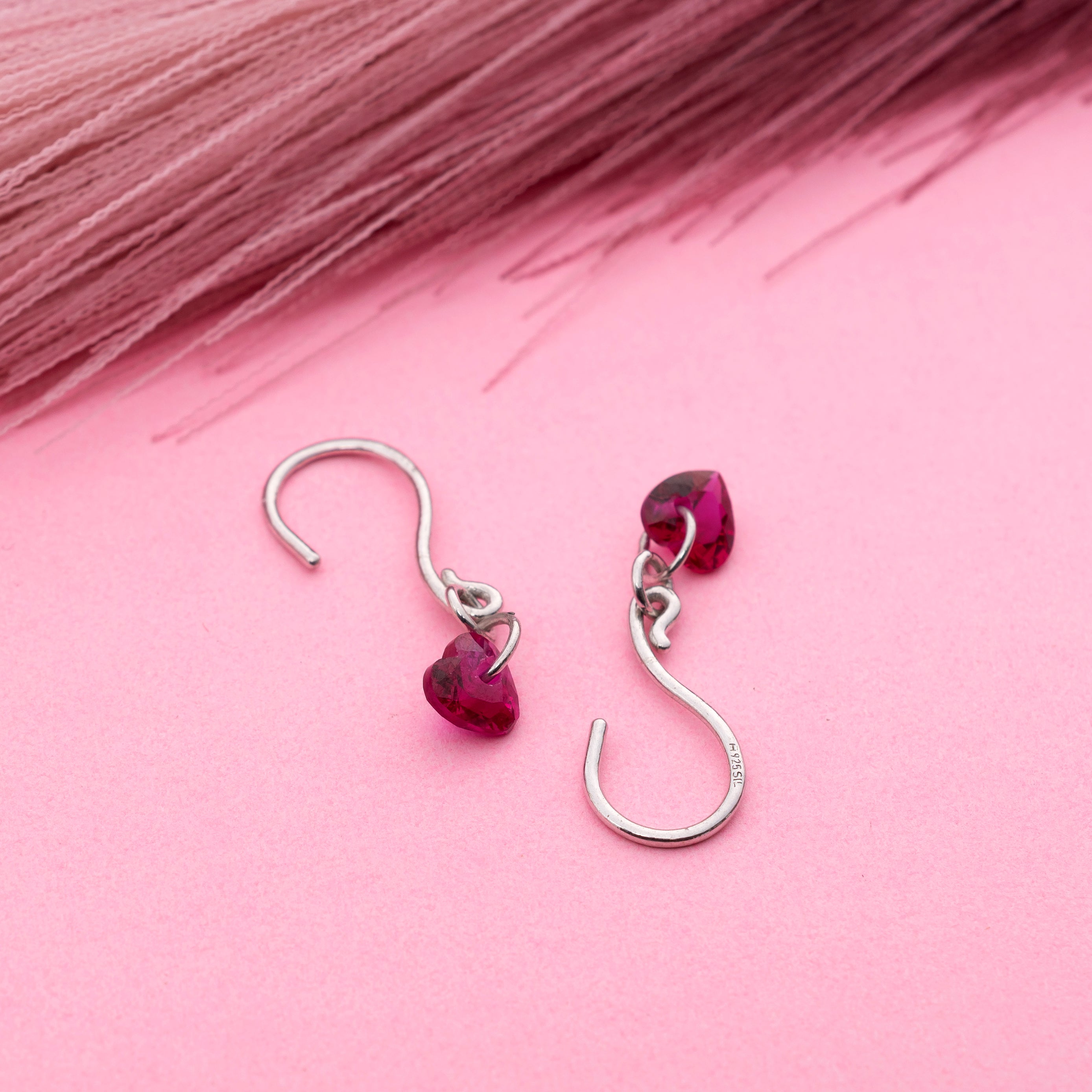 925 Sterling Silver Red Heart Gemstone Dangle Earrings Romantic Jewelry