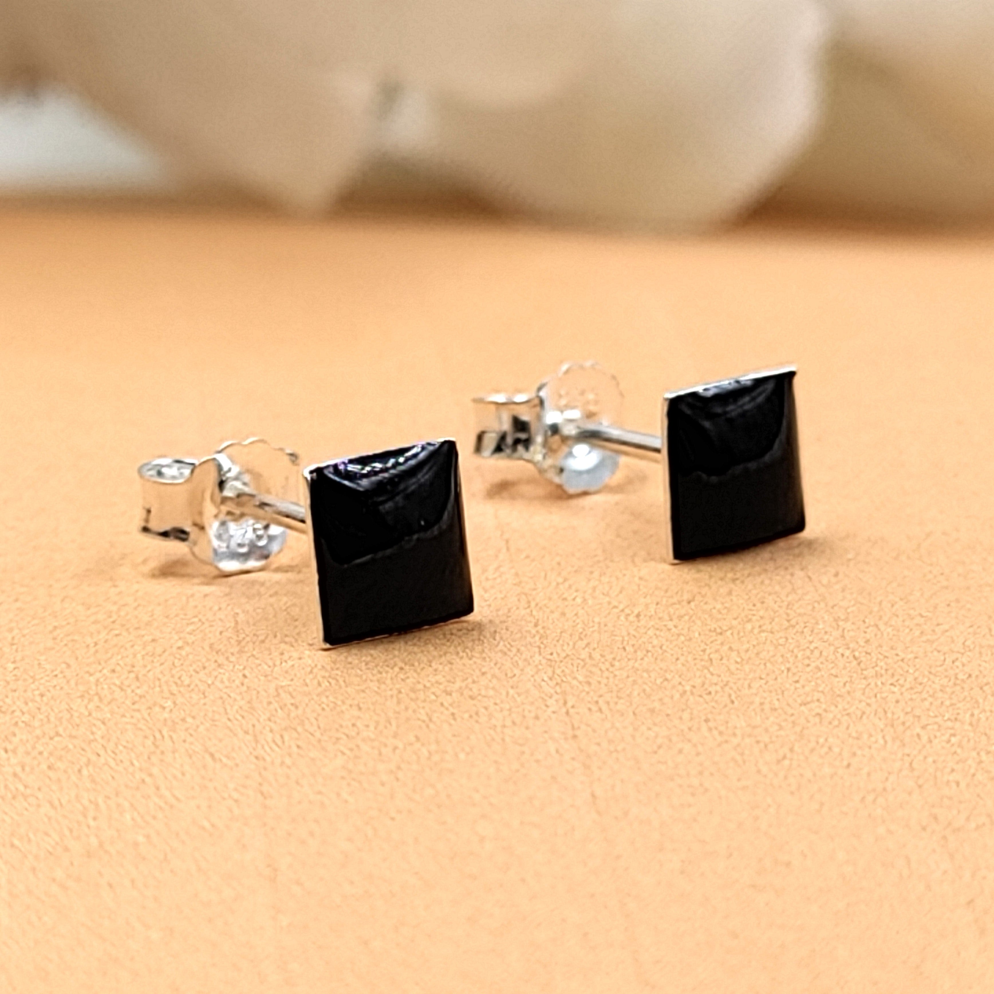Black Square Stud Earring Silver Stud Earrings 925 Cubic Jewelry Enamel Stud Handmade Gift Gift for Black Lover Jwelery for Mother Daughter