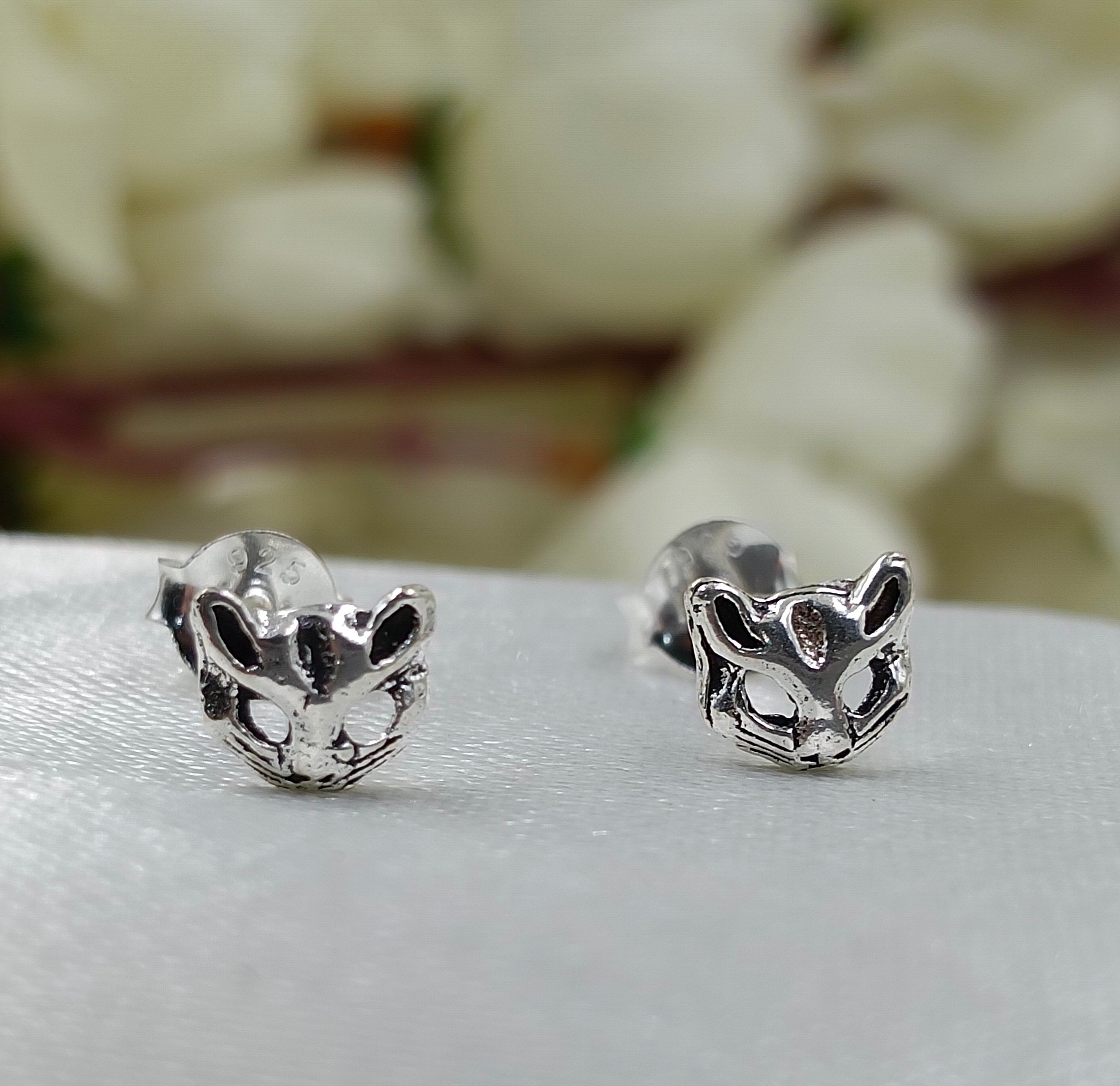 925 Sterling Silver Cat kitten Face Stud Earrings Cat Lover Gift Cat Face Dainty Earrings Minimalist Handmade Gift Studs with Pushback