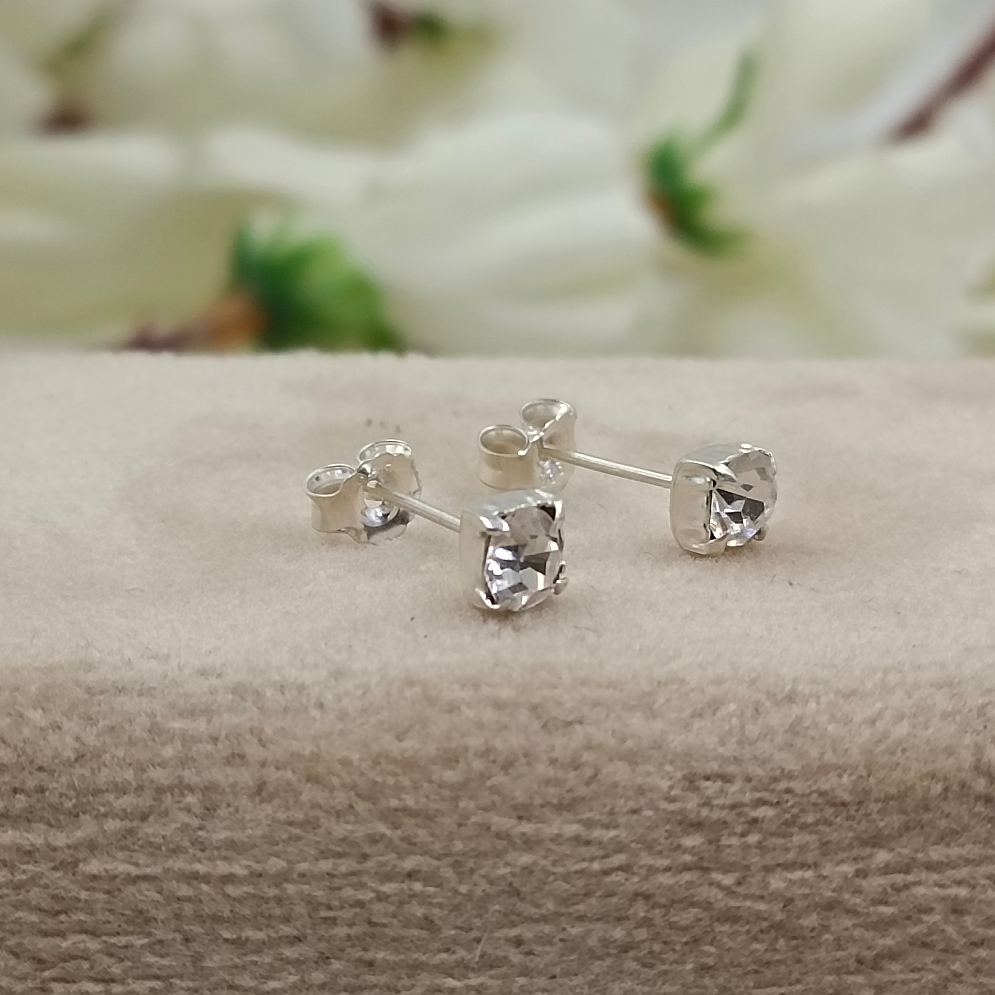 925 Sterling Silver April Birthstone White Topaz Cubic Zirconia Stud Earrings Minimalist Handmade Birthday Gift Studs with Pushback