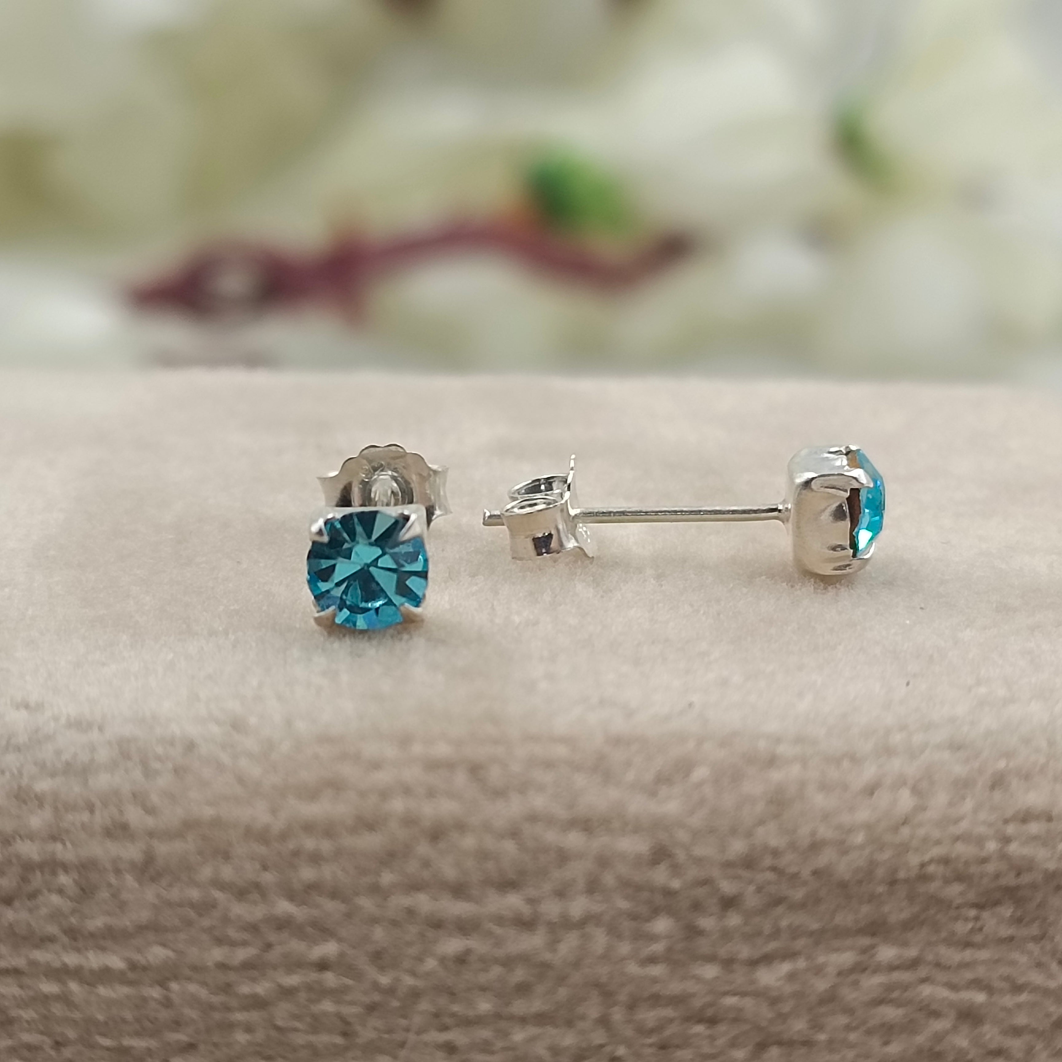 925 Sterling Silver March Birthstone Blue Amethyst Cubic Zirconia Stud Earrings Minimalist Handmade Birthday Gift Studs with Pushback