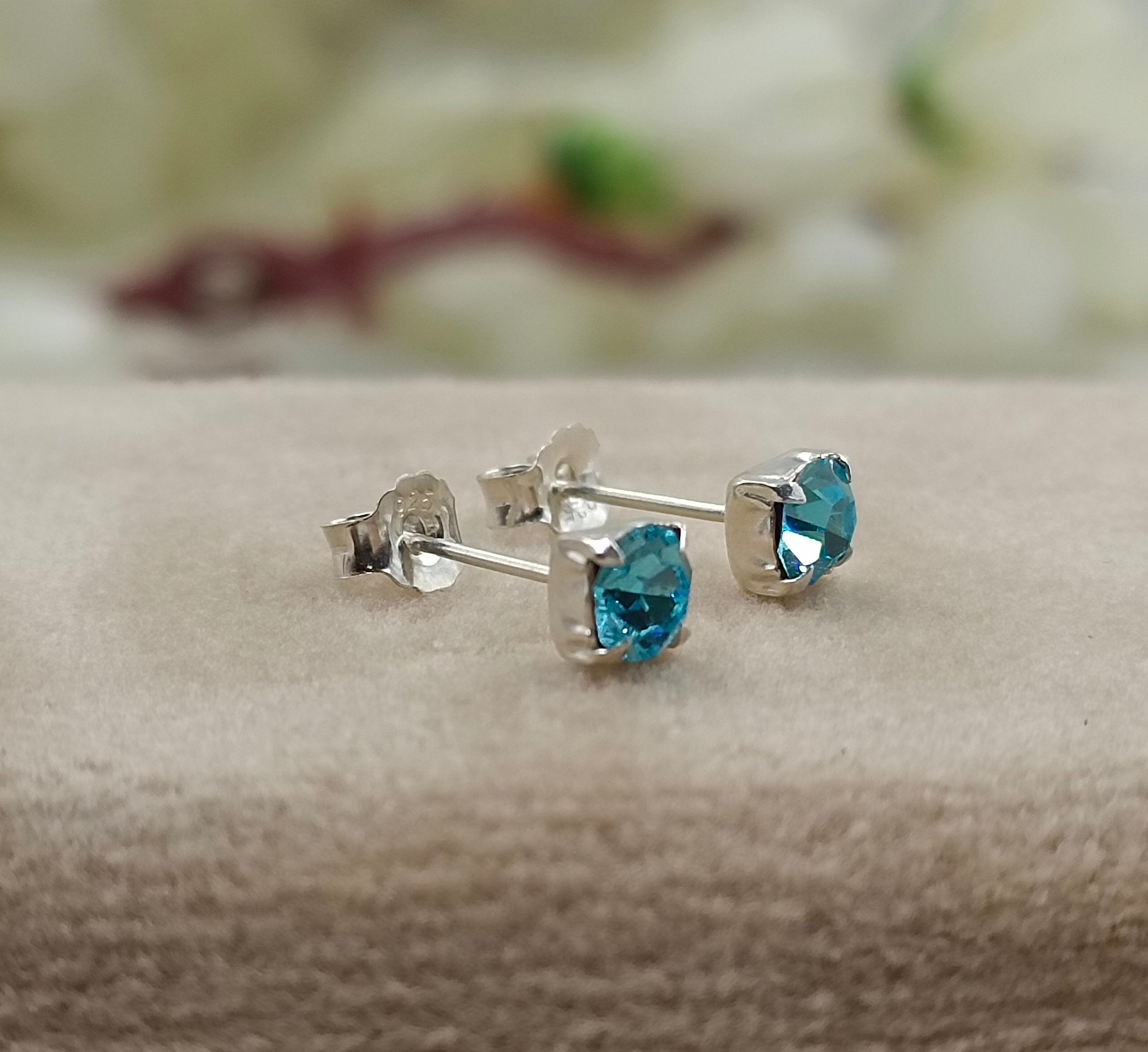 925 Sterling Silver March Birthstone Blue Amethyst Cubic Zirconia Stud Earrings Minimalist Handmade Birthday Gift Studs with Pushback