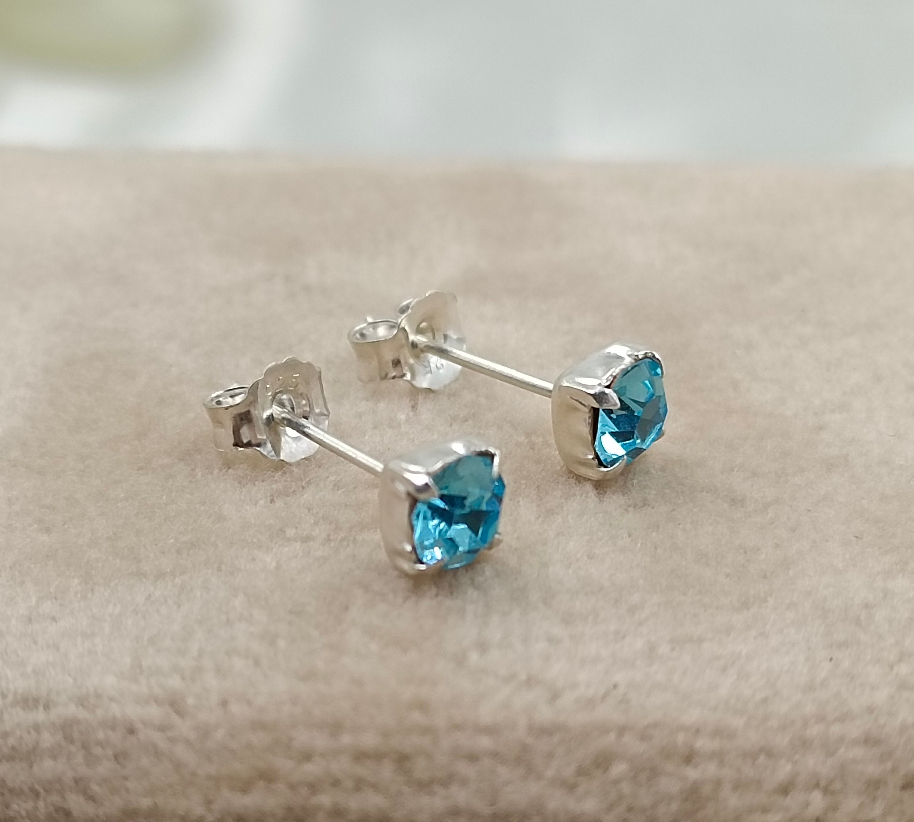 925 Sterling Silver March Birthstone Blue Amethyst Cubic Zirconia Stud Earrings Minimalist Handmade Birthday Gift Studs with Pushback