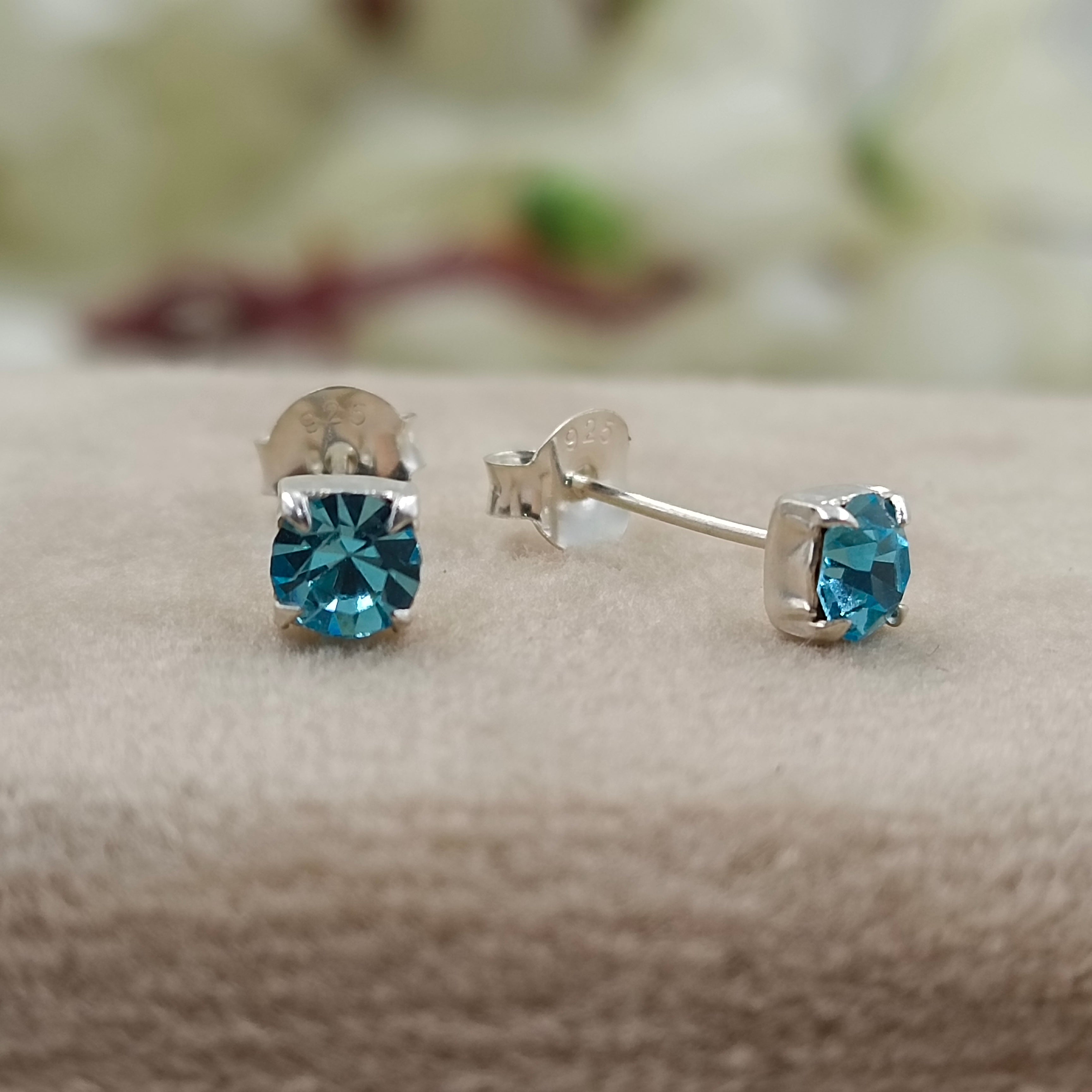 925 Sterling Silver March Birthstone Blue Amethyst Cubic Zirconia Stud Earrings Minimalist Handmade Birthday Gift Studs with Pushback