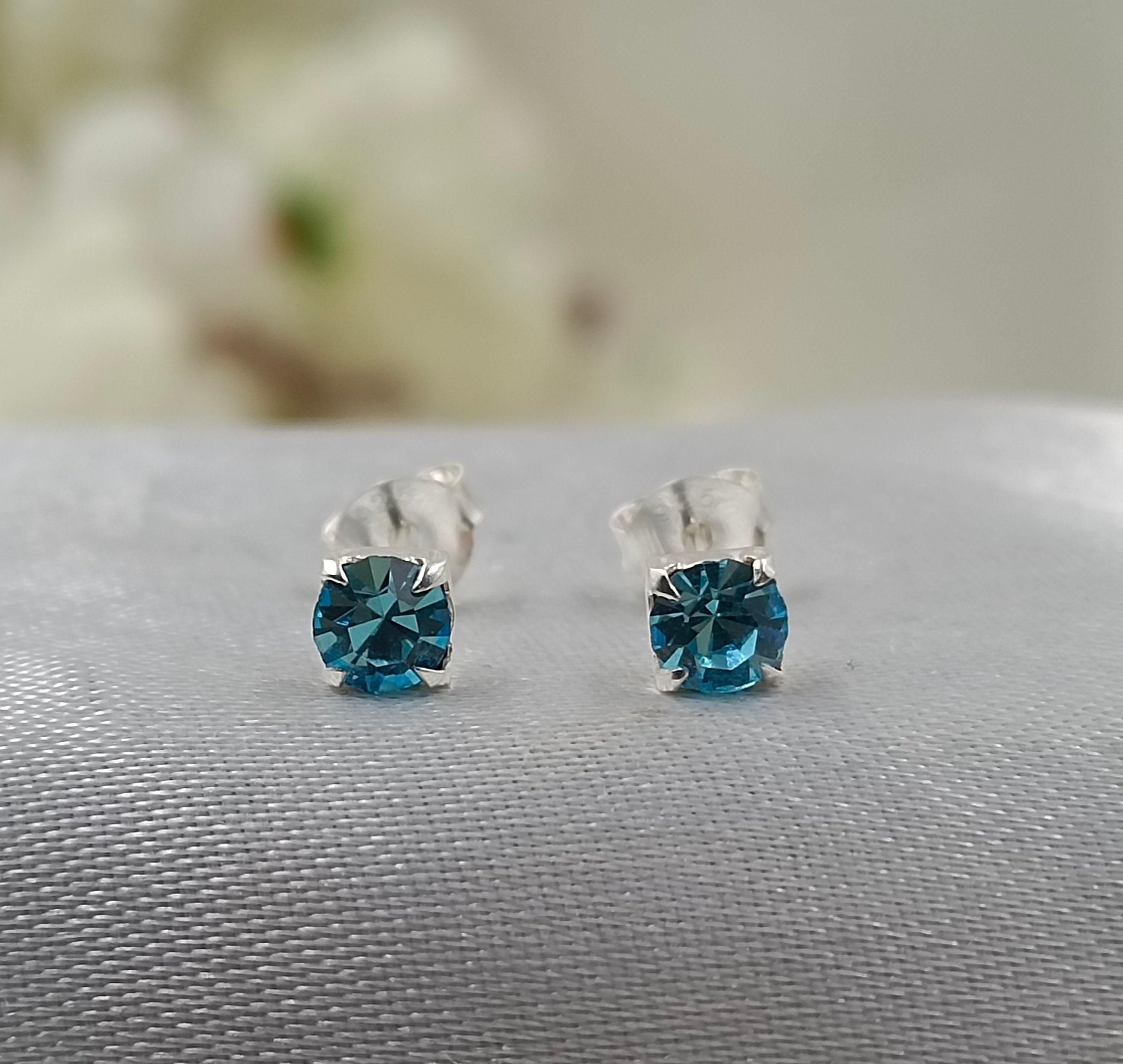 925 Sterling Silver March Birthstone Blue Amethyst Cubic Zirconia Stud Earrings Minimalist Handmade Birthday Gift Studs with Pushback