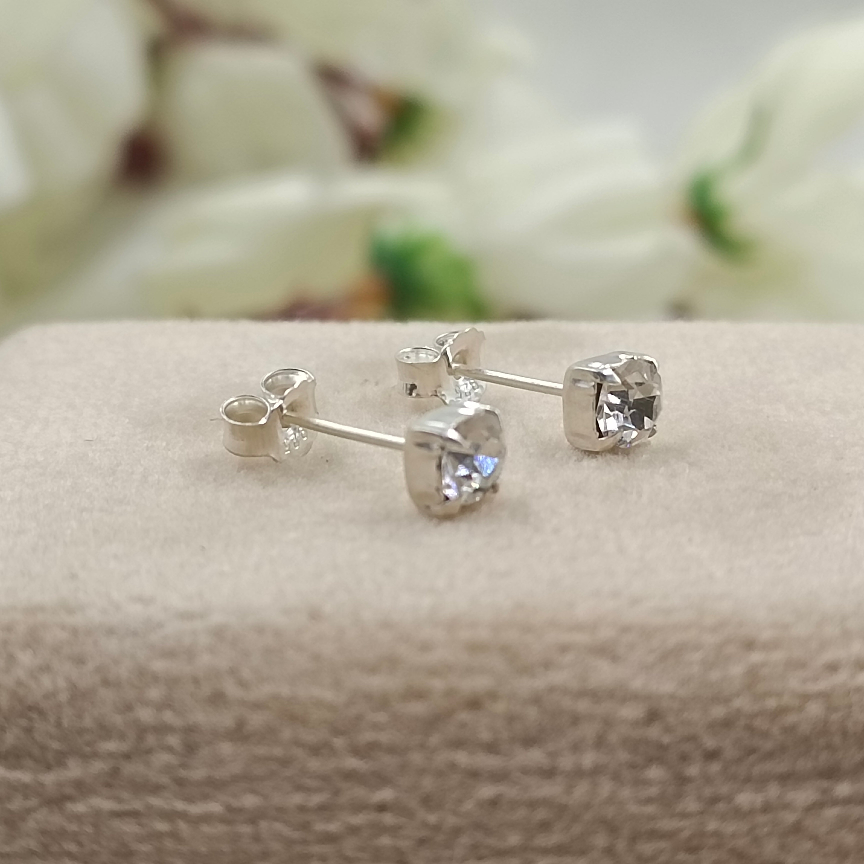 925 Sterling Silver April Birthstone White Topaz Cubic Zirconia Stud Earrings Minimalist Handmade Birthday Gift Studs with Pushback