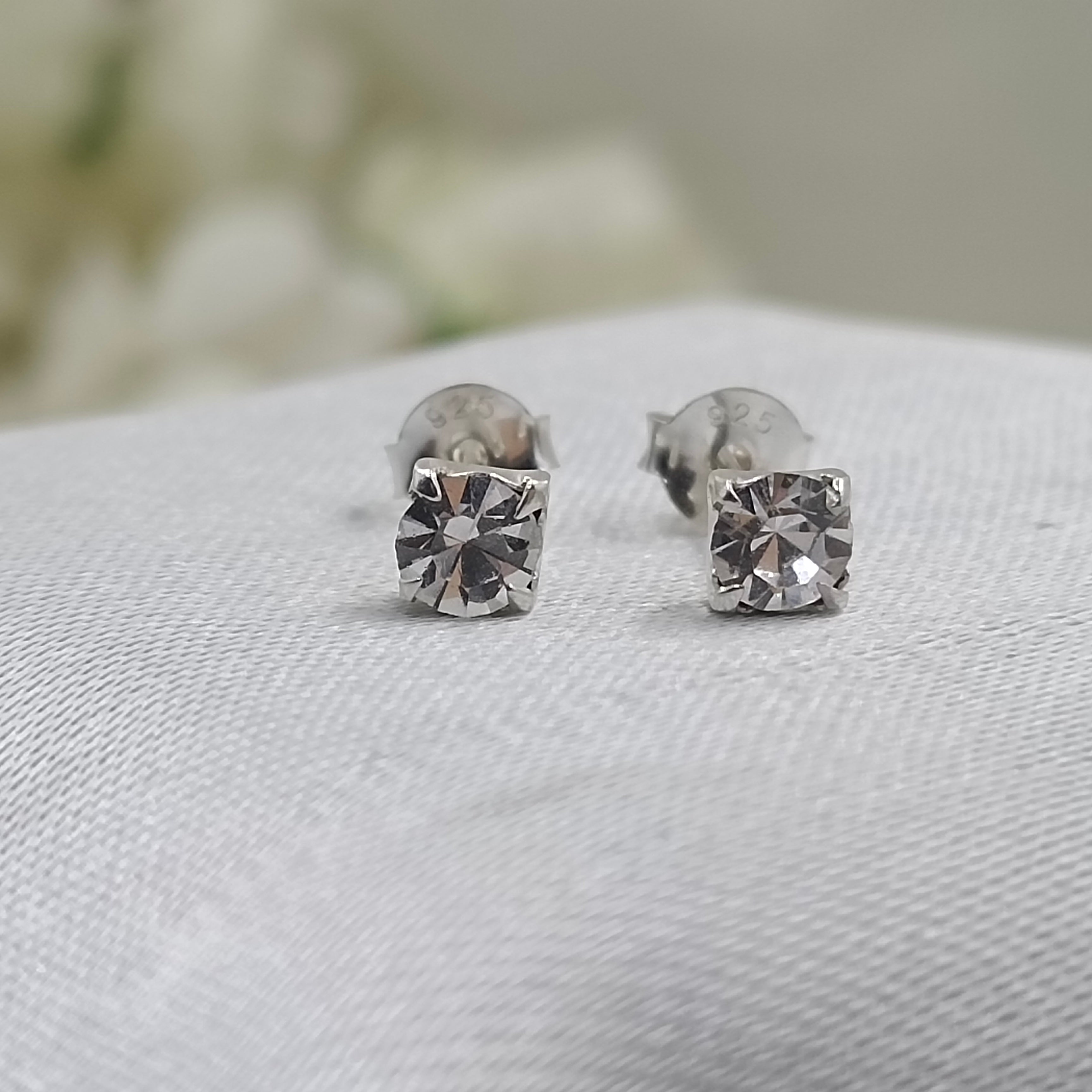 925 Sterling Silver April Birthstone White Topaz Cubic Zirconia Stud Earrings Minimalist Handmade Birthday Gift Studs with Pushback