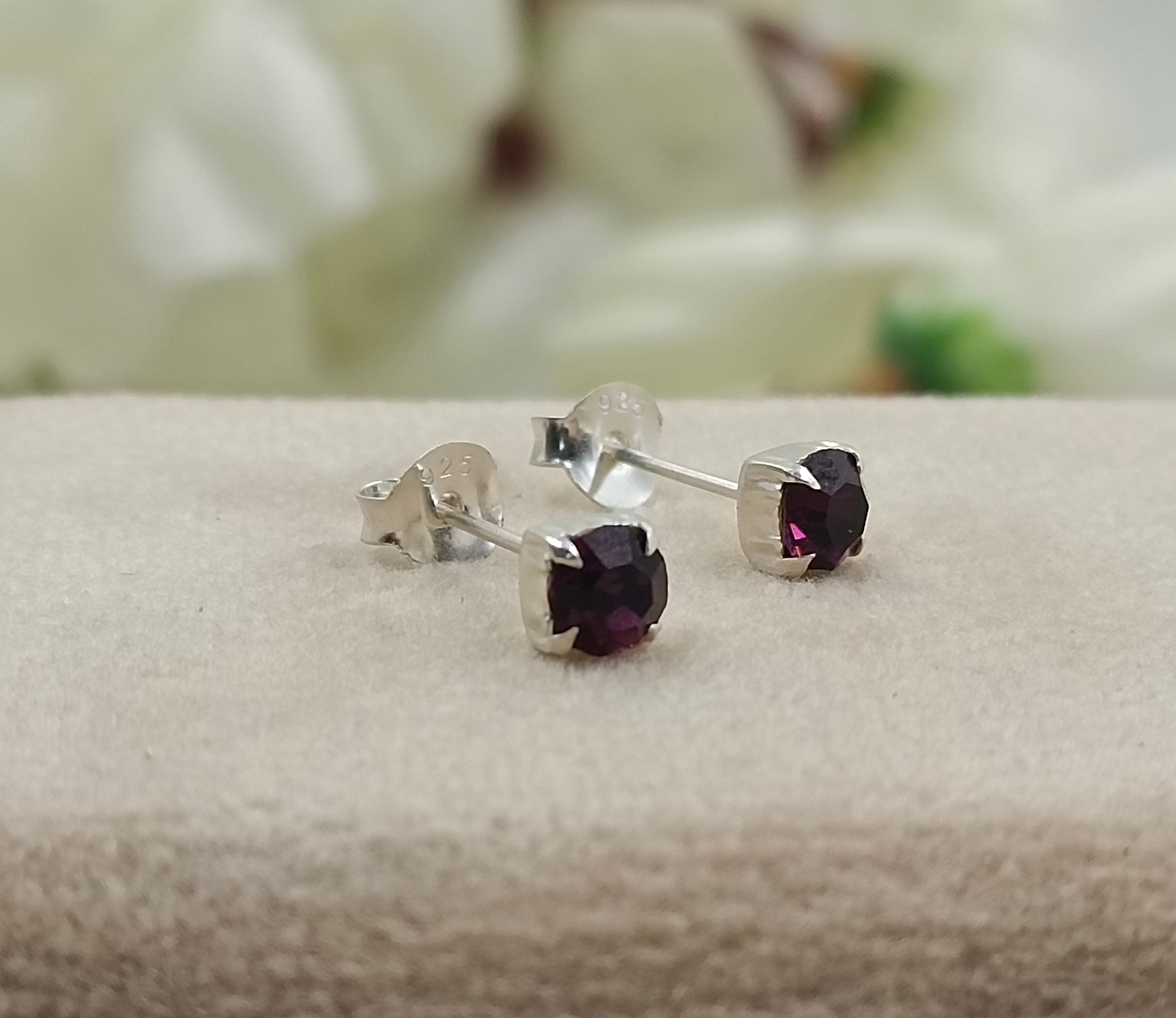 925 Sterling Silver February Birthstone Purple Amethyst Cubic Zirconia Stud Earrings Minimalist Handmade Birthday Gift Studs with Pushback
