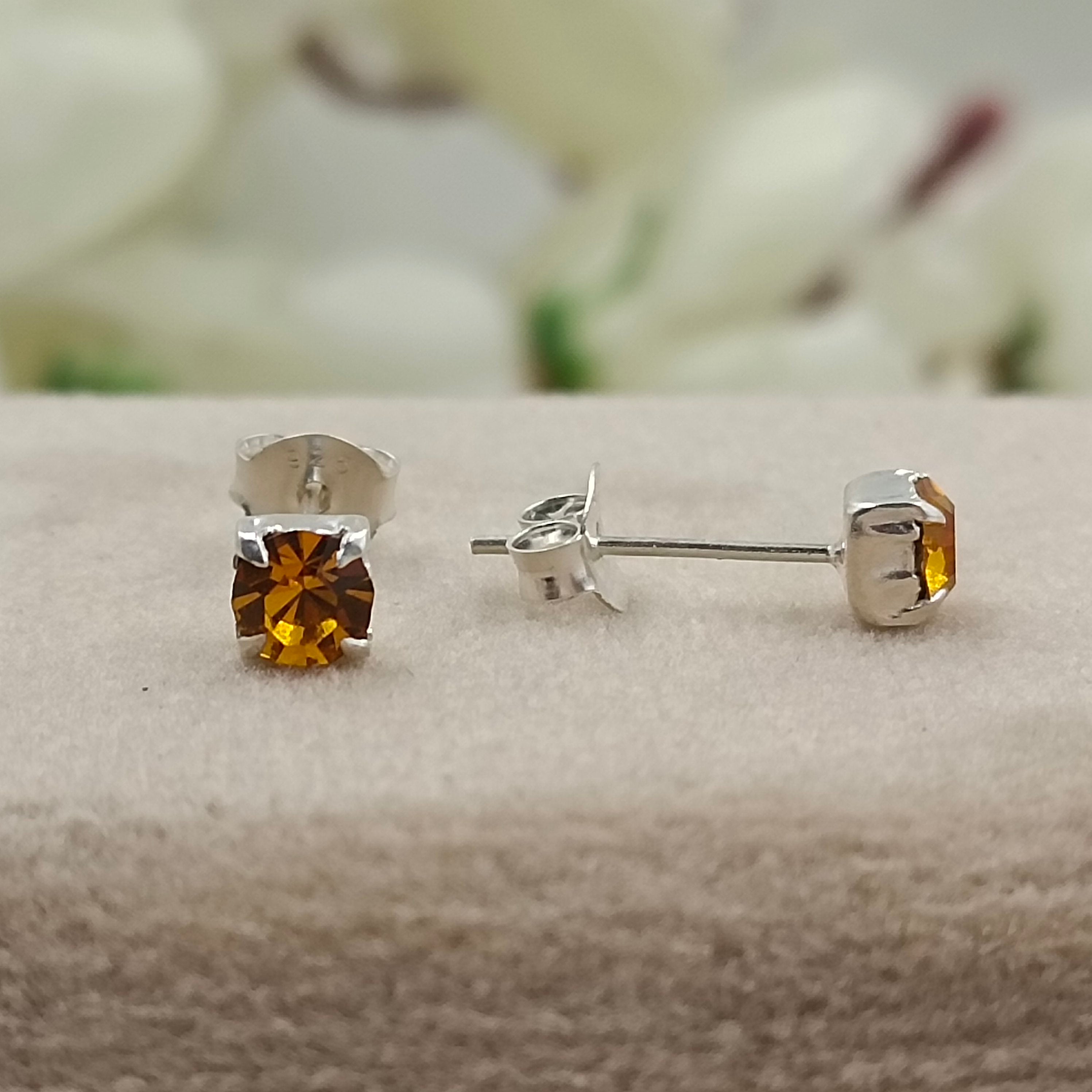 925 Sterling Silver November Birthstone Cubic Zirconia Yellow Citrine Studs Earrings Minimalist Handmade Birthday Gift Studs with Pushback