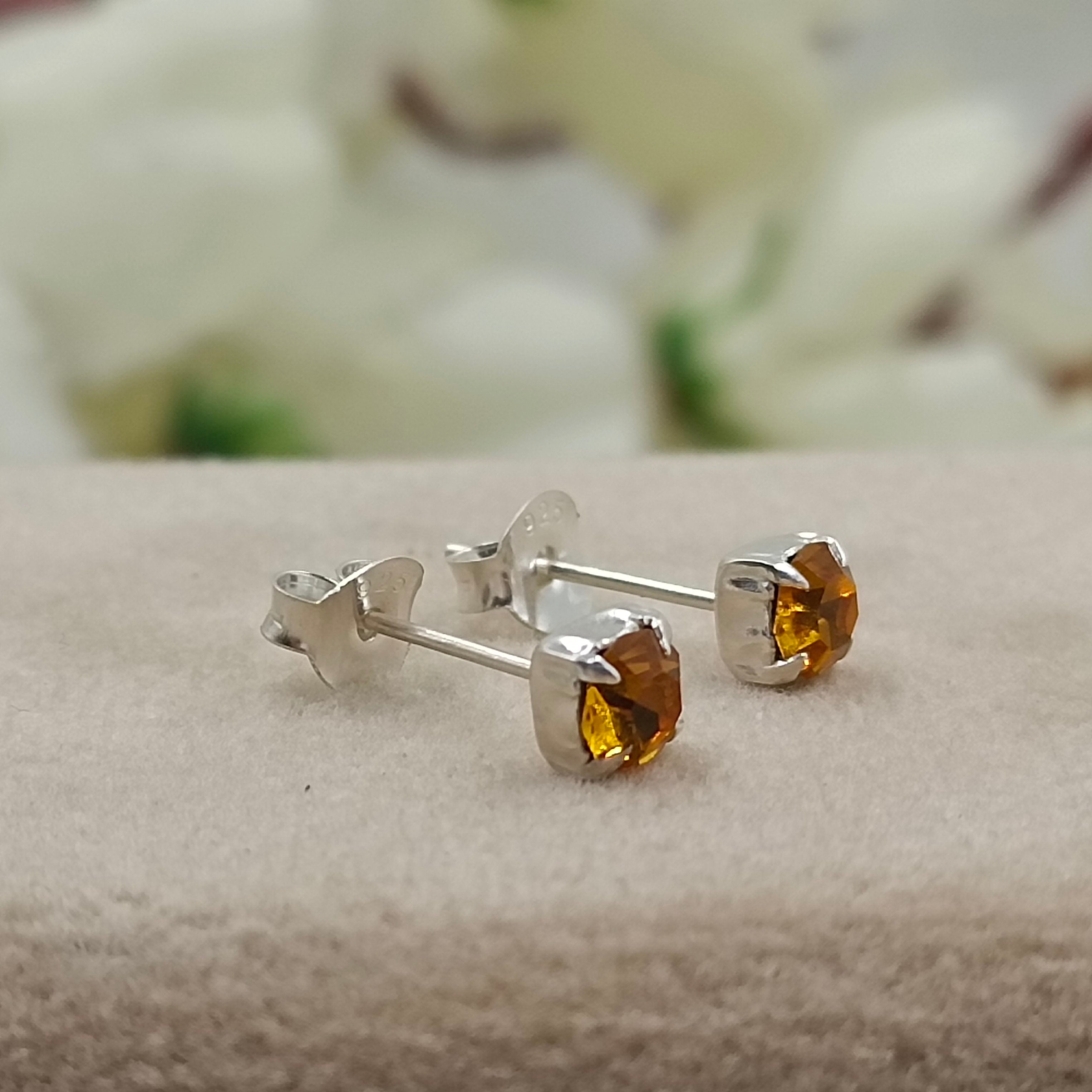 925 Sterling Silver November Birthstone Cubic Zirconia Yellow Citrine Studs Earrings Minimalist Handmade Birthday Gift Studs with Pushback