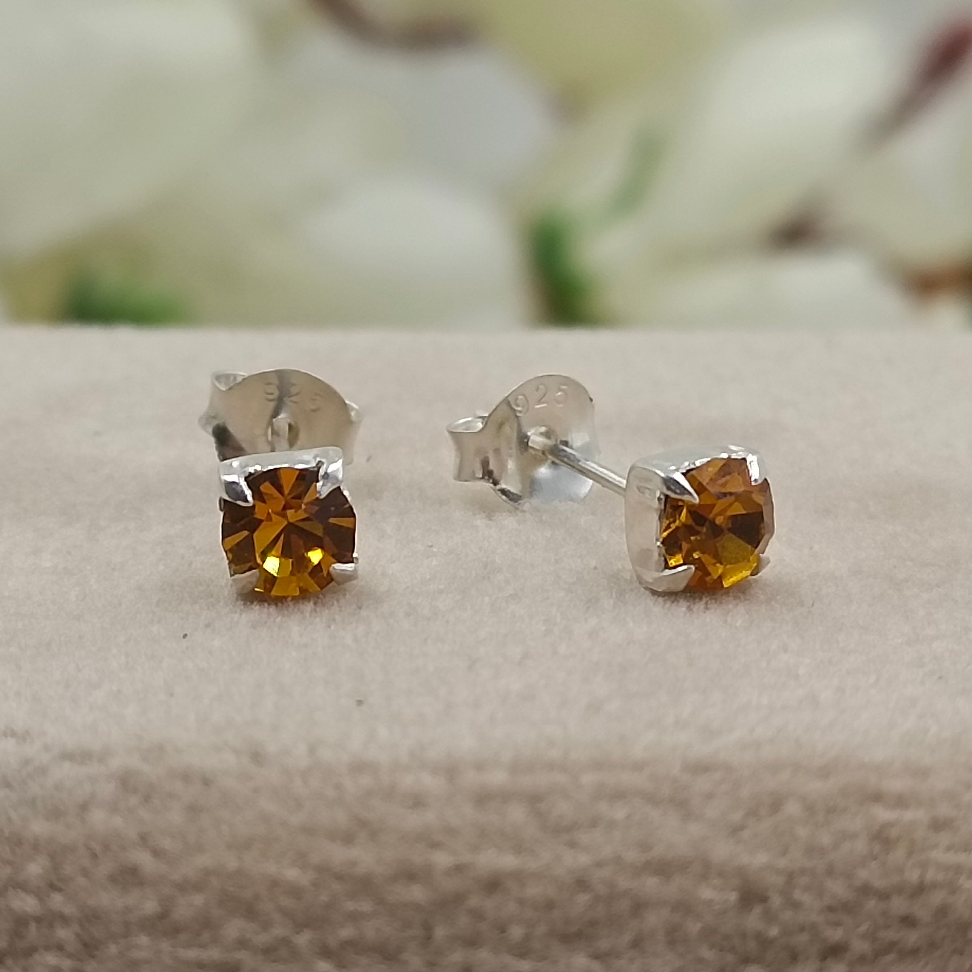 925 Sterling Silver November Birthstone Cubic Zirconia Yellow Citrine Studs Earrings Minimalist Handmade Birthday Gift Studs with Pushback