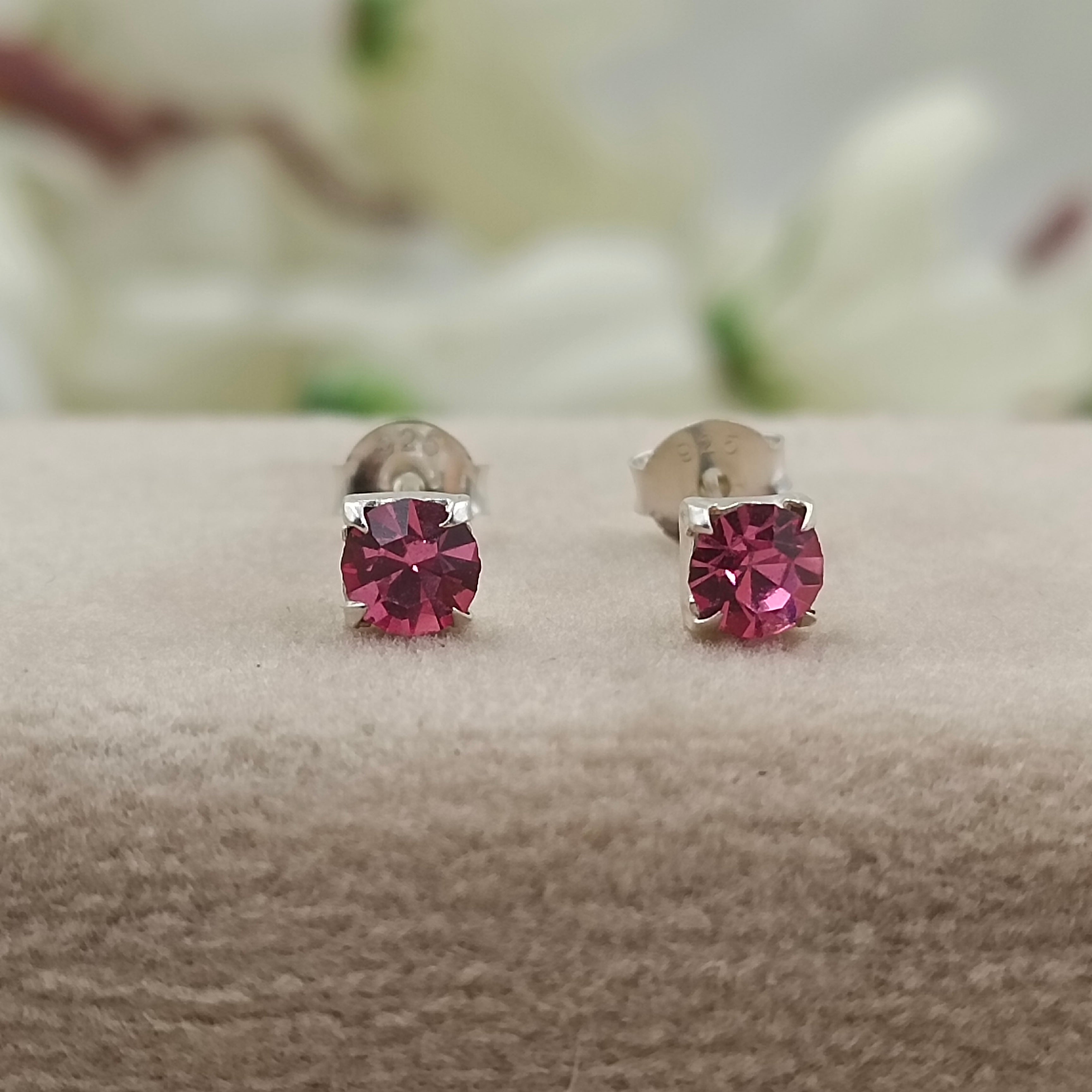 925 Sterling Silver October Mini Birthstone Cubic Zirconia Pink Studs Earrings Dainty Minimalist Handmade Birthday Gift Studs with Pushback